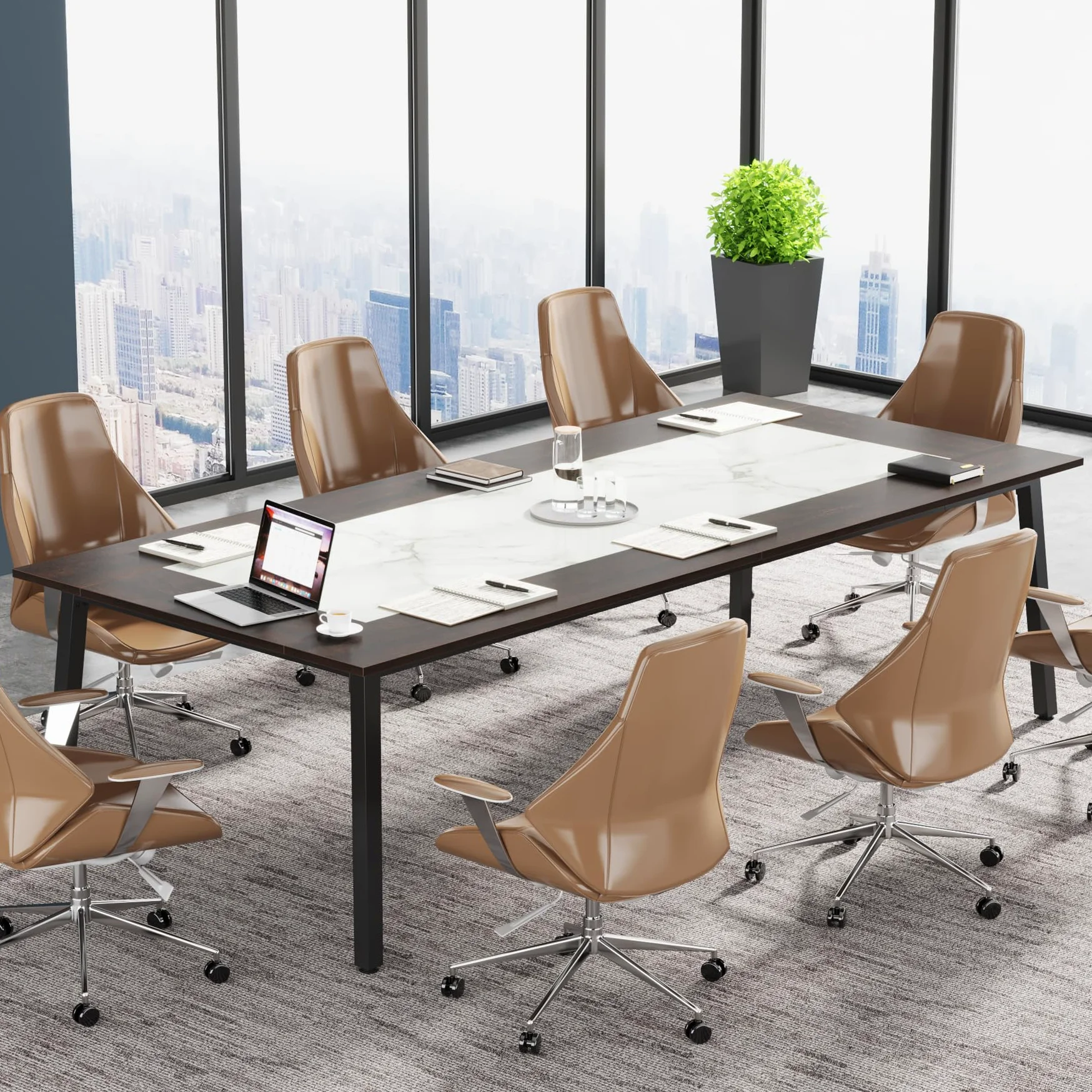 Tribesigns Large Conference Table Grande Tavolo da conferenze, Legno Ingegneria Metallo, Acero caffè + Calacatta Bianco + Nero, L