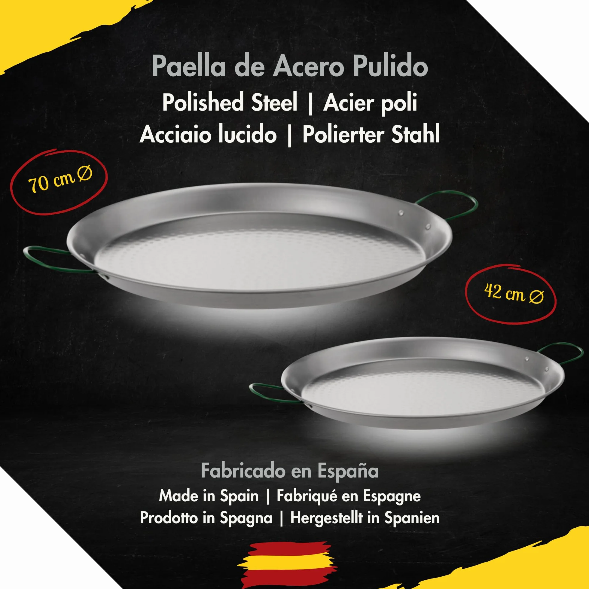 COMBOI - Kit padella per paella e bruciatore a gas butano da 60 cm, padella da 70 cm + 42 cm, regolatore del gas, tubo, supporto gambe rinforzate, livella, grembiule, ricette per paella.