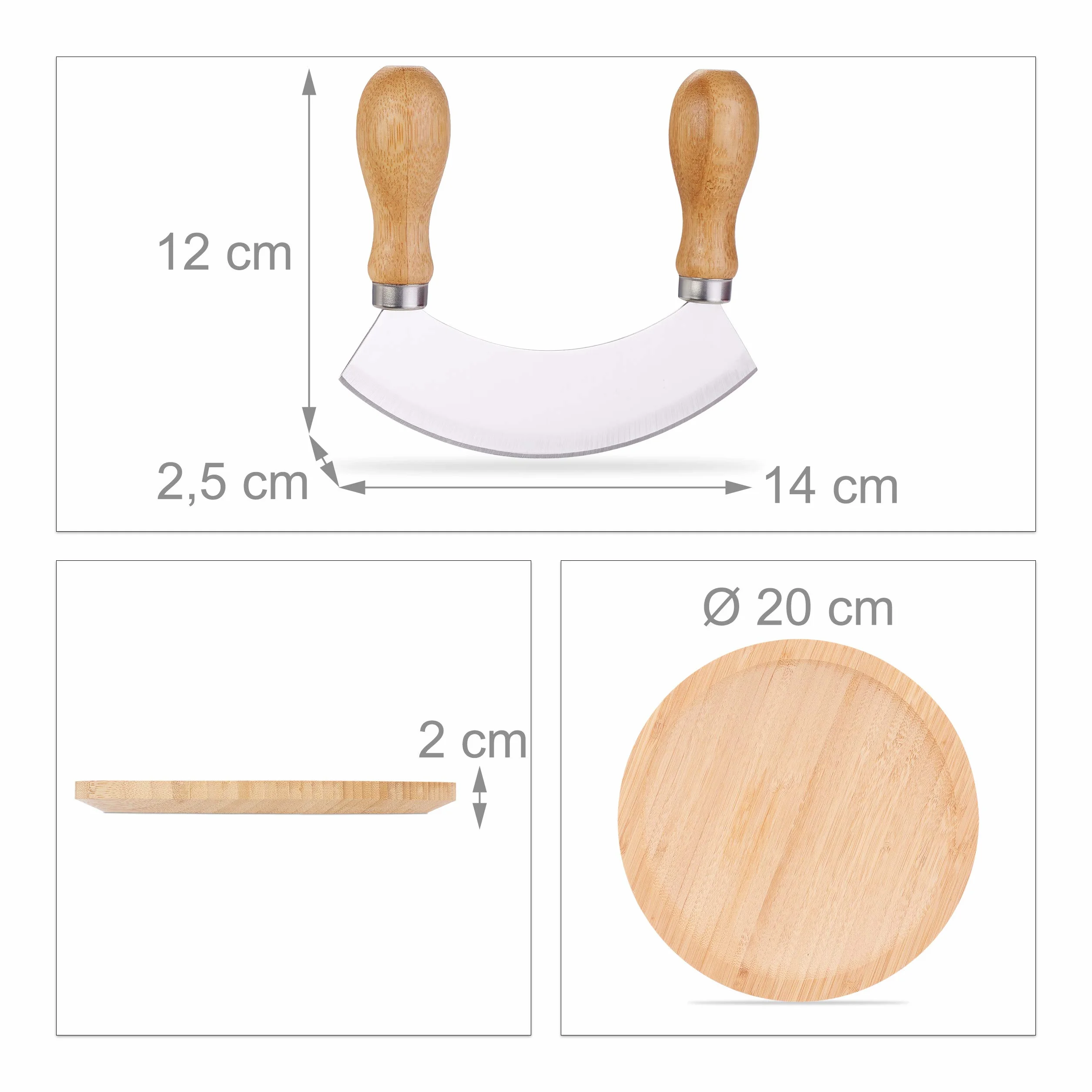 Relaxdays Coltello a Dondolo con Tagliere, per Erbe Aromatiche Bordo Rialzato, Acciaio Inox & Bambù, HxD 2x20, Naturale