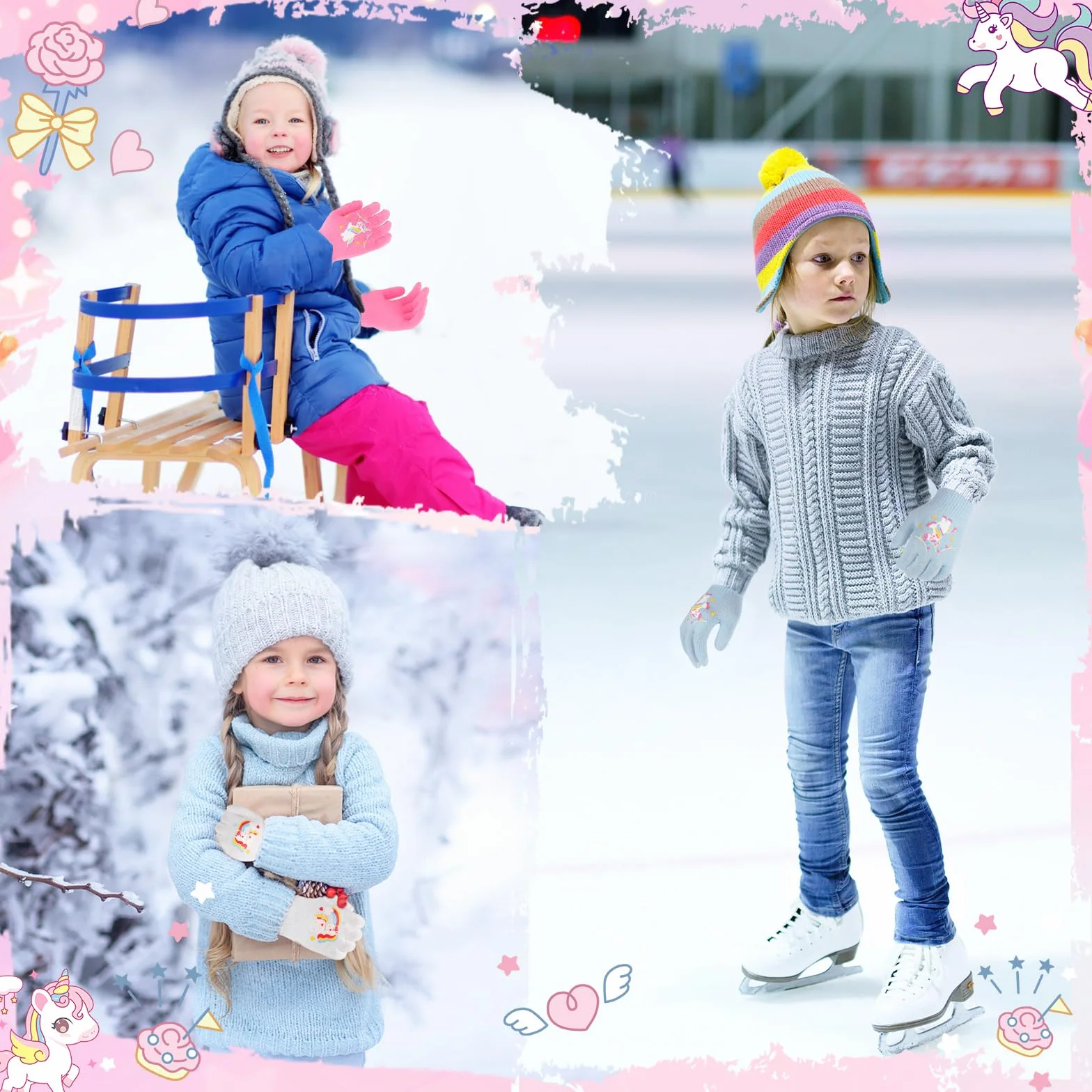 Guanti Invernali Termici Unicorno per Bambini Muffole Magiche a Dita Intere Elastici 4-12 Anni
