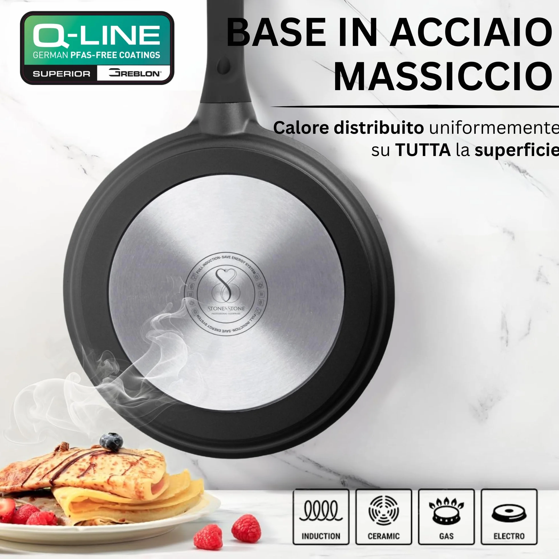 Stone&Stone Padella per Crepes e Pancake 26cm Antiaderente per Induzione e Gas | Crepiera con Rivestimento Ceramico Tedesco | Senza PFOA PFAS PTFE | Spatola e Stendi Pastella Inclusi