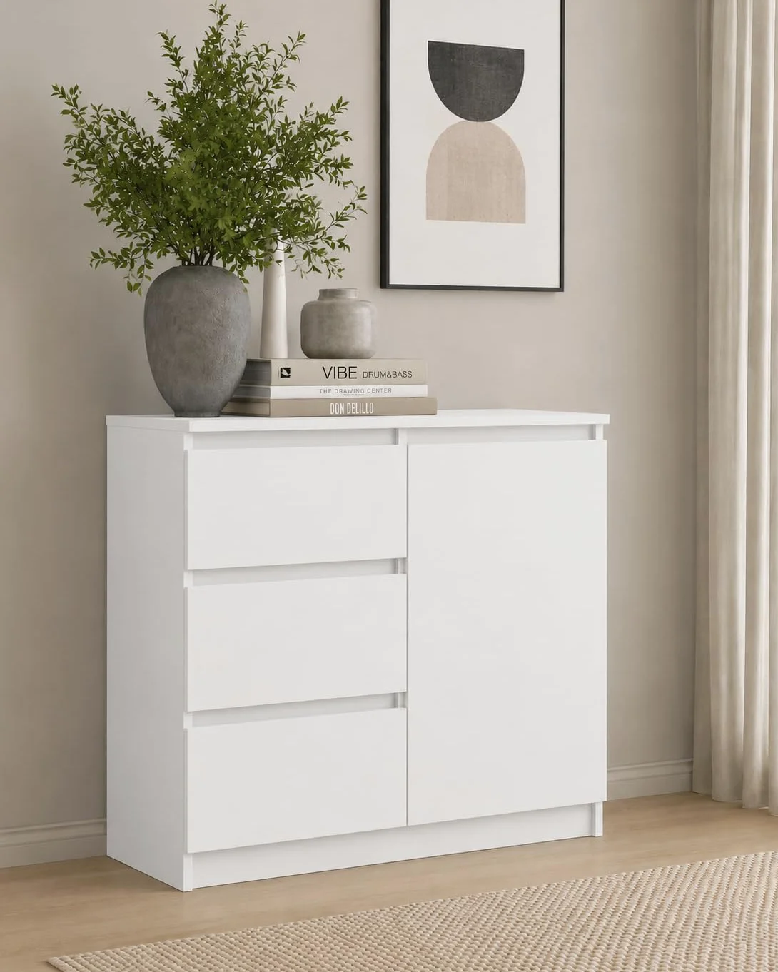Cassettiera moderna credenza multiuso per camera da letto, corridoio, soggiorno, ufficio, bianco, 80 x 97 x 40 cm, 1 ante 3 cassetti)