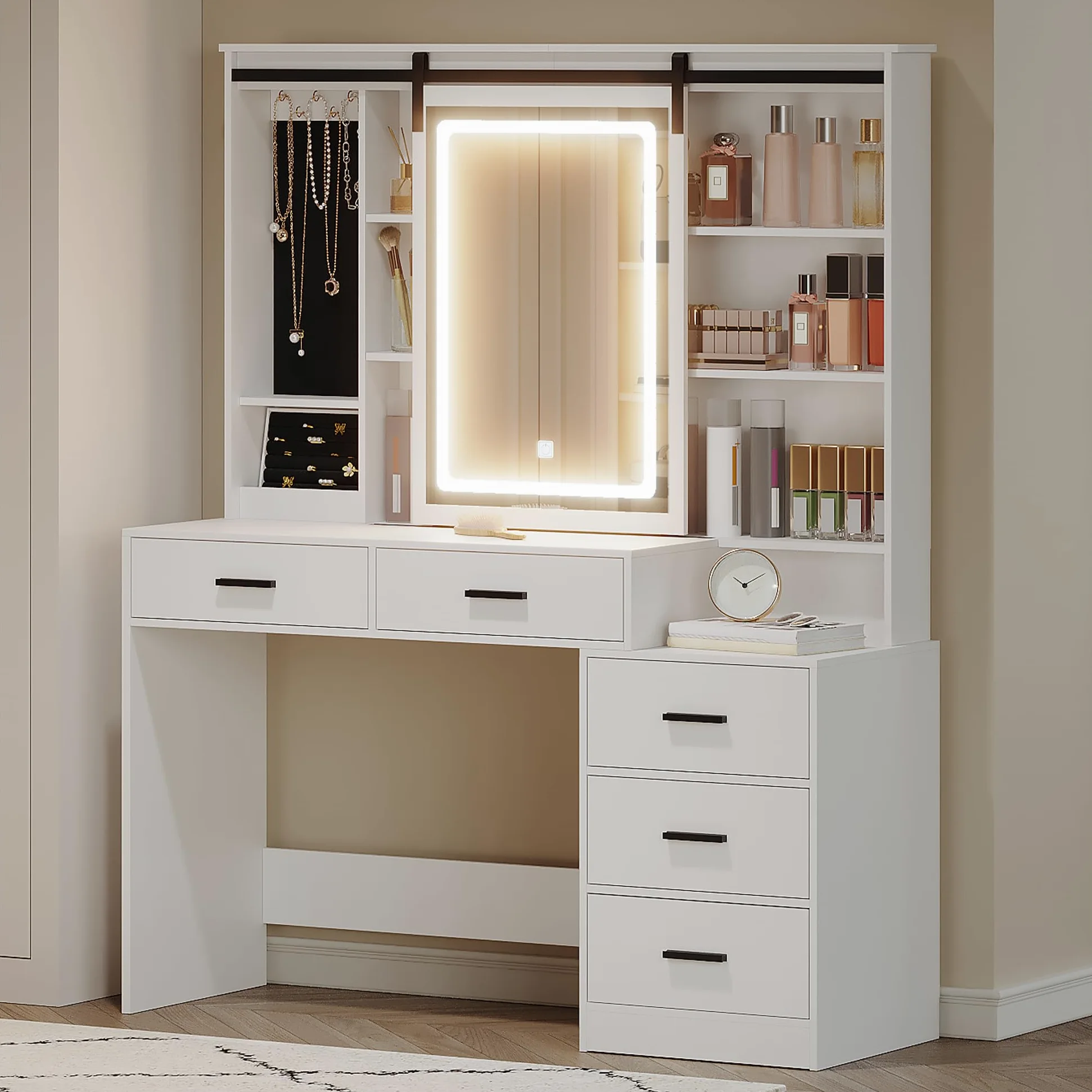 Hzuaneri Toeletta da Trucco con Luci LED Regolabili, Grande Specchio Rimovibile, con Portagioie, Ripiani Aperti, 5 Cassetti, con Tavolino, per Camera da Letto, Bianco DT33103X