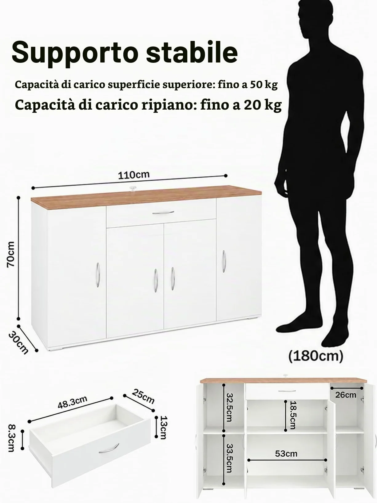 hitsuki Comò Camera da Letto Bianco con 4 Ante e 1 Cassetto 110×30×70cm | Mobile contenitore con 4 ante e 1 cassetto per organizzare biancheria, abiti e oggetti personali nella camera da letto