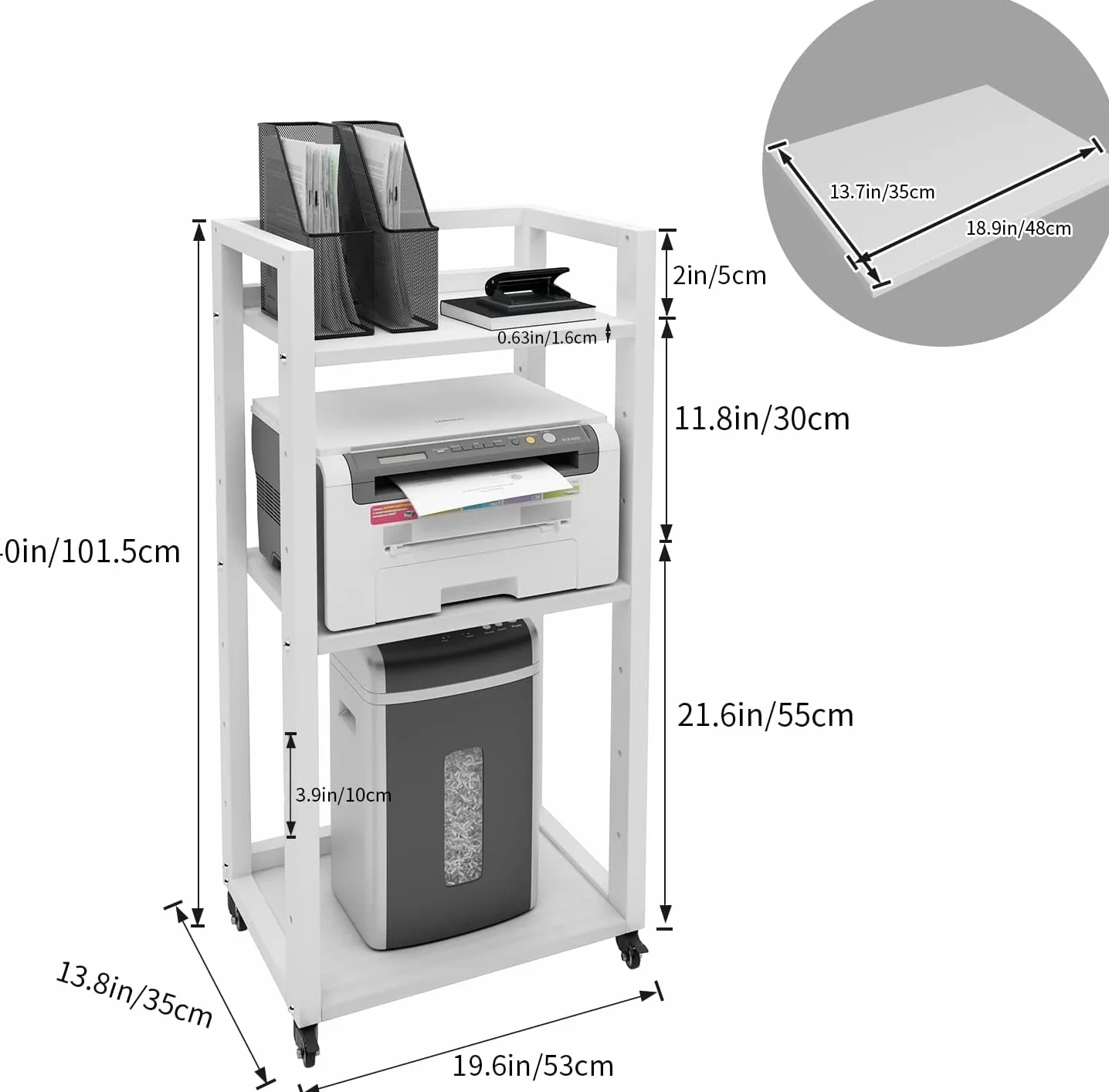 PUNCIA Supporto per Stampante a 3 Livelli Carrello Porta Documenti Mobile per Stampante in Legno e Metallo Scaffale per Documenti con Ruote Tavolo per Trituratore HIFI per Ufficio Casa (Bianco)