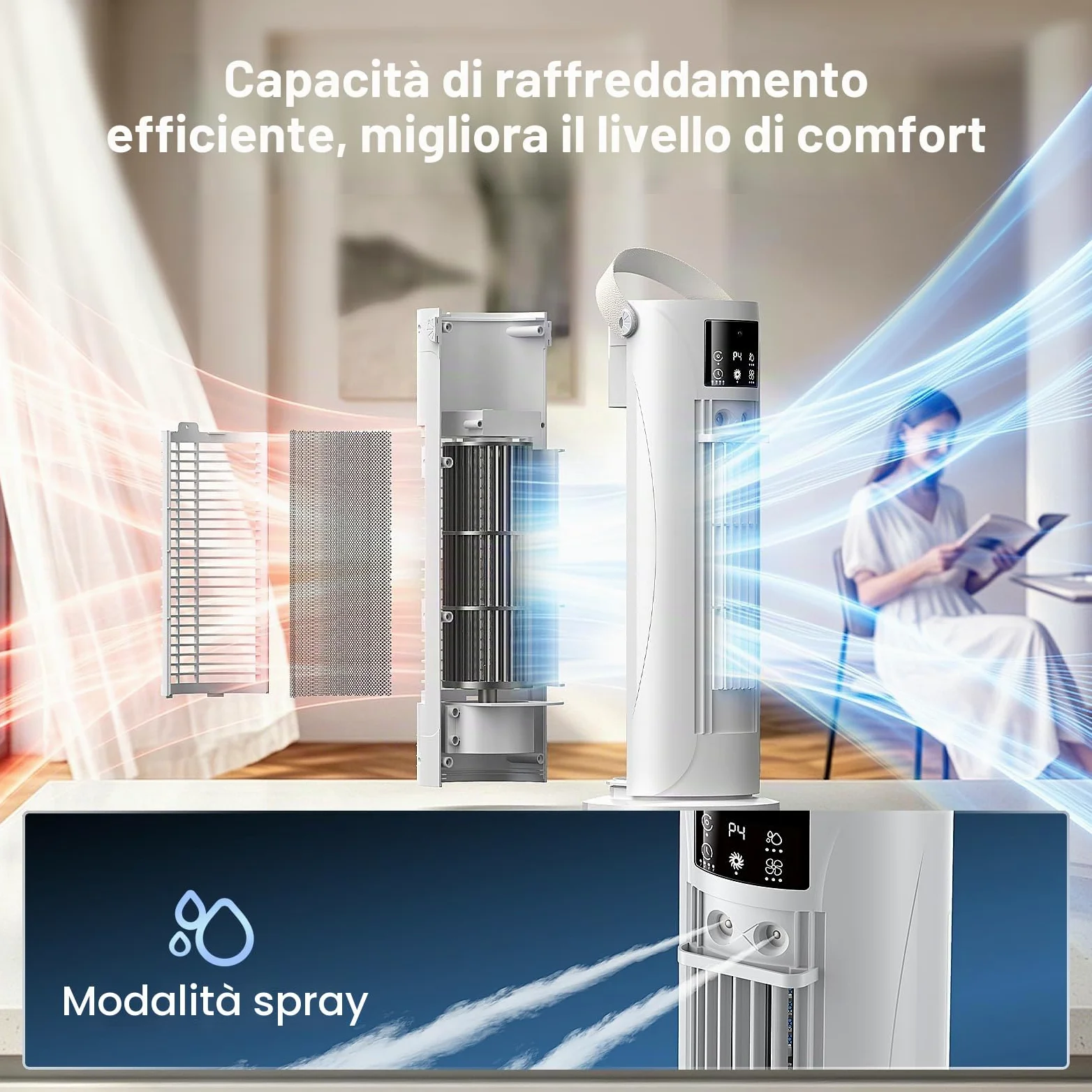 Condizionatore Portatile Modalità Tempesta,Raffrescatore Aria 4 in 1 Silenzioso 28dB, Ventilatore Senza Pale,Oscillazione 120°, Doppia Nebbiatura Anti-perdita 750mL, Timer 8H per Casa Ufficio (Bianco)