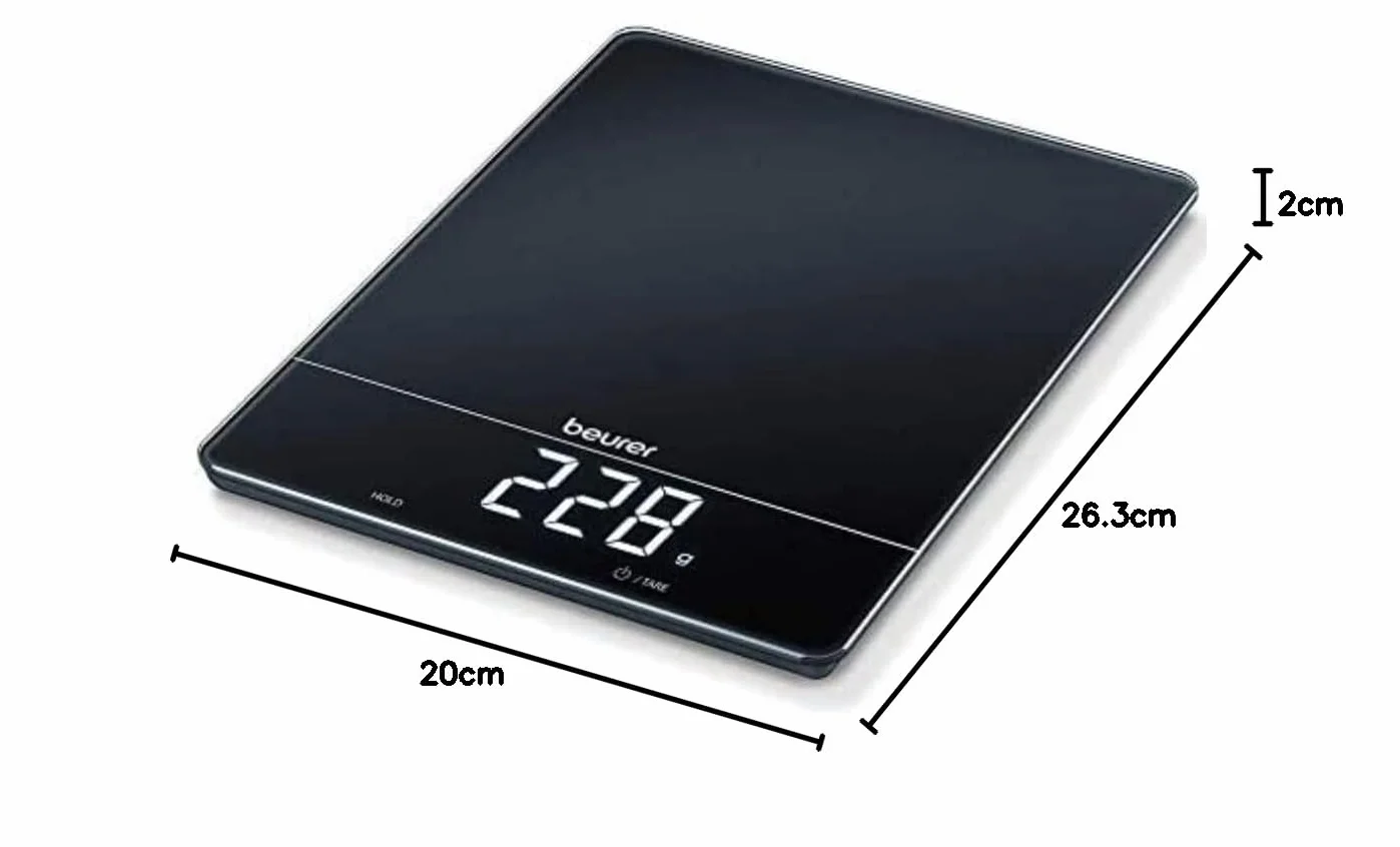 Beurer Bilancia da cucina KS 34, per una pesatura precisa fino a 15 kg, con funzione di pesatura Tara e display Magic LED, nera
