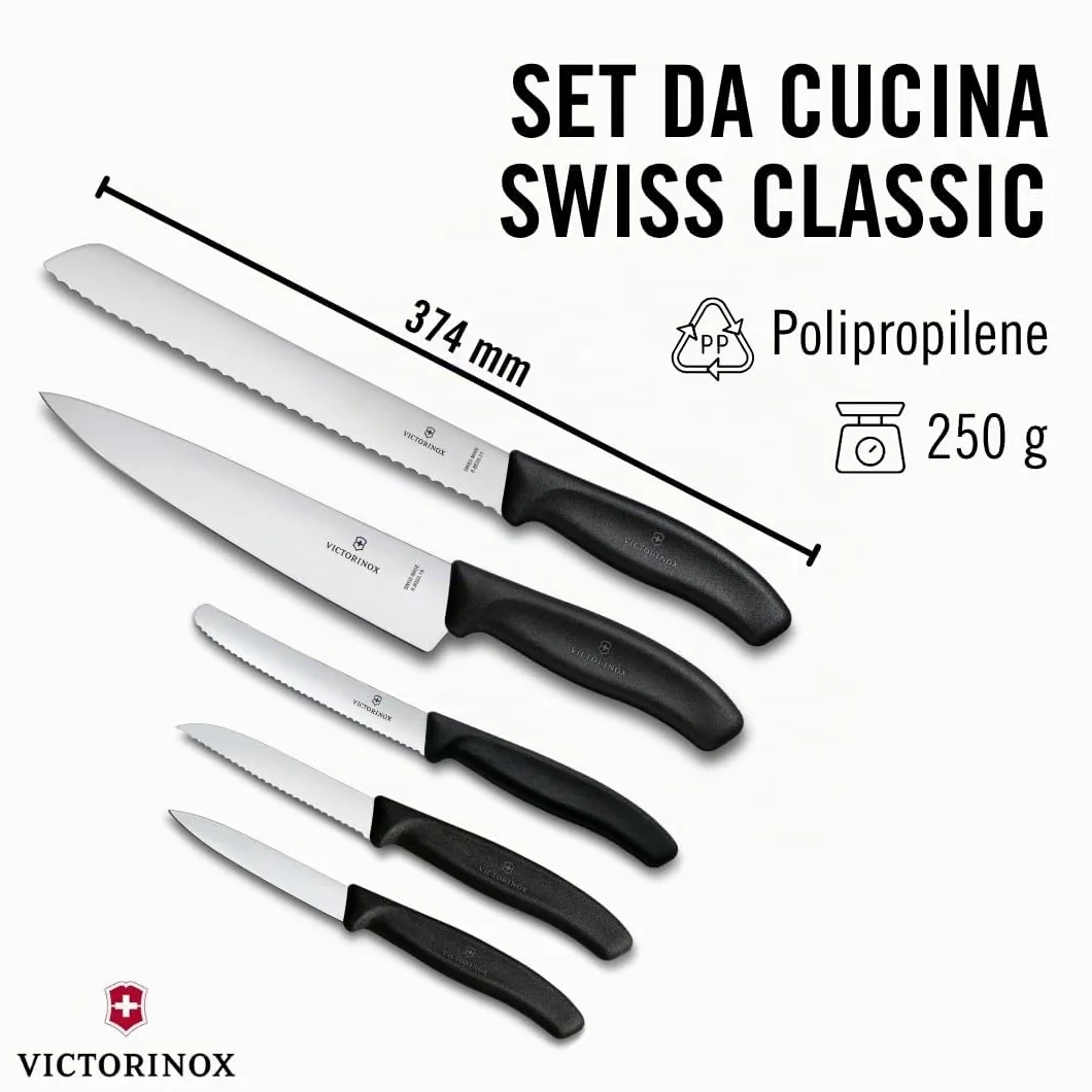 Victorinox Swiss Classic, set coltelli da cucina (5 pezzi) in confezione regalo, con lame in acciaio inox, nero