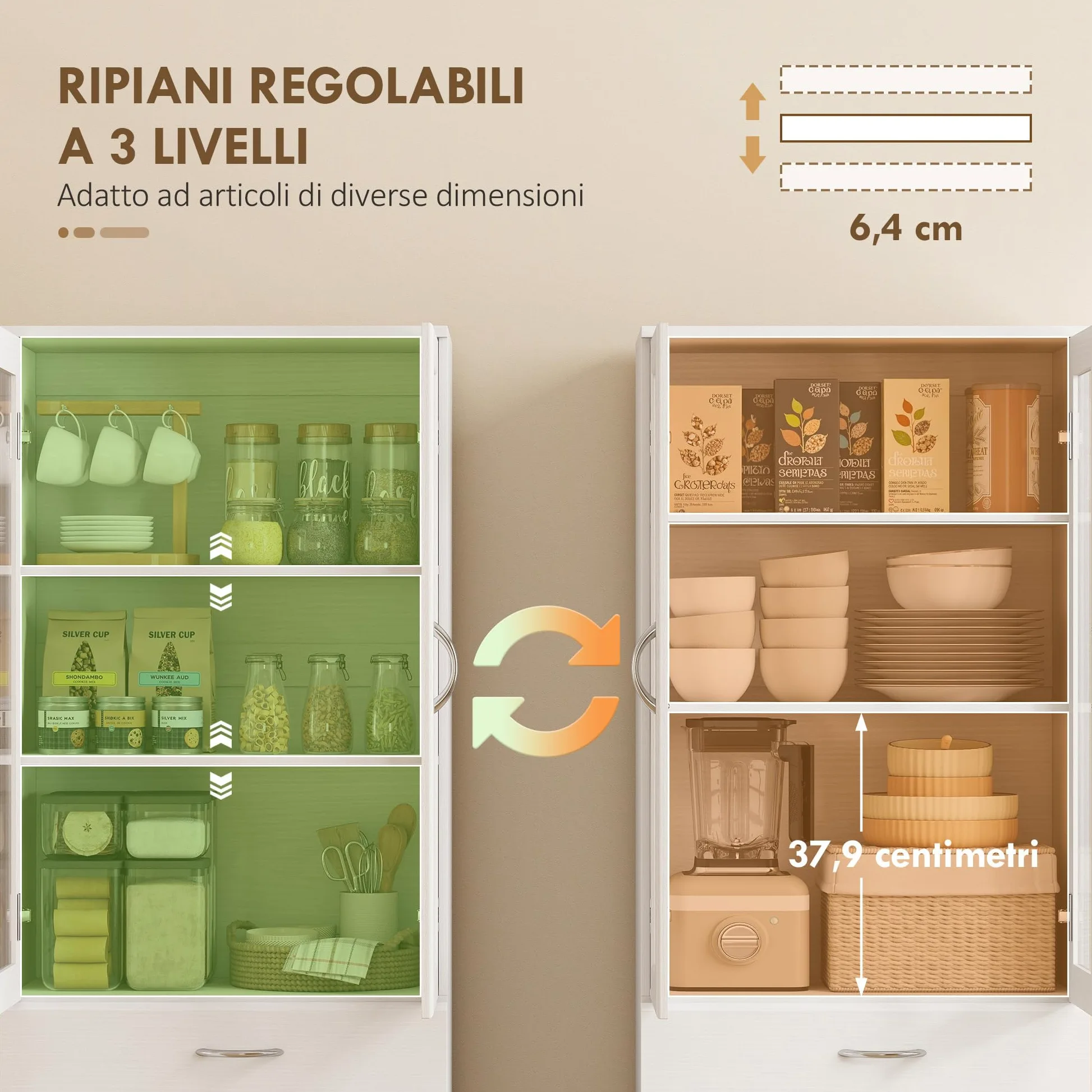 HOMCOM Credenza Cucina Alta 180cm, Mobile Dispensa con Ante in Vetro Soft-Close, Cassetto, 2 Armadietti, Ripiani Regolabili, Mobile Cucina Moderno per Sala da Pranzo Soggiorno, Bianco