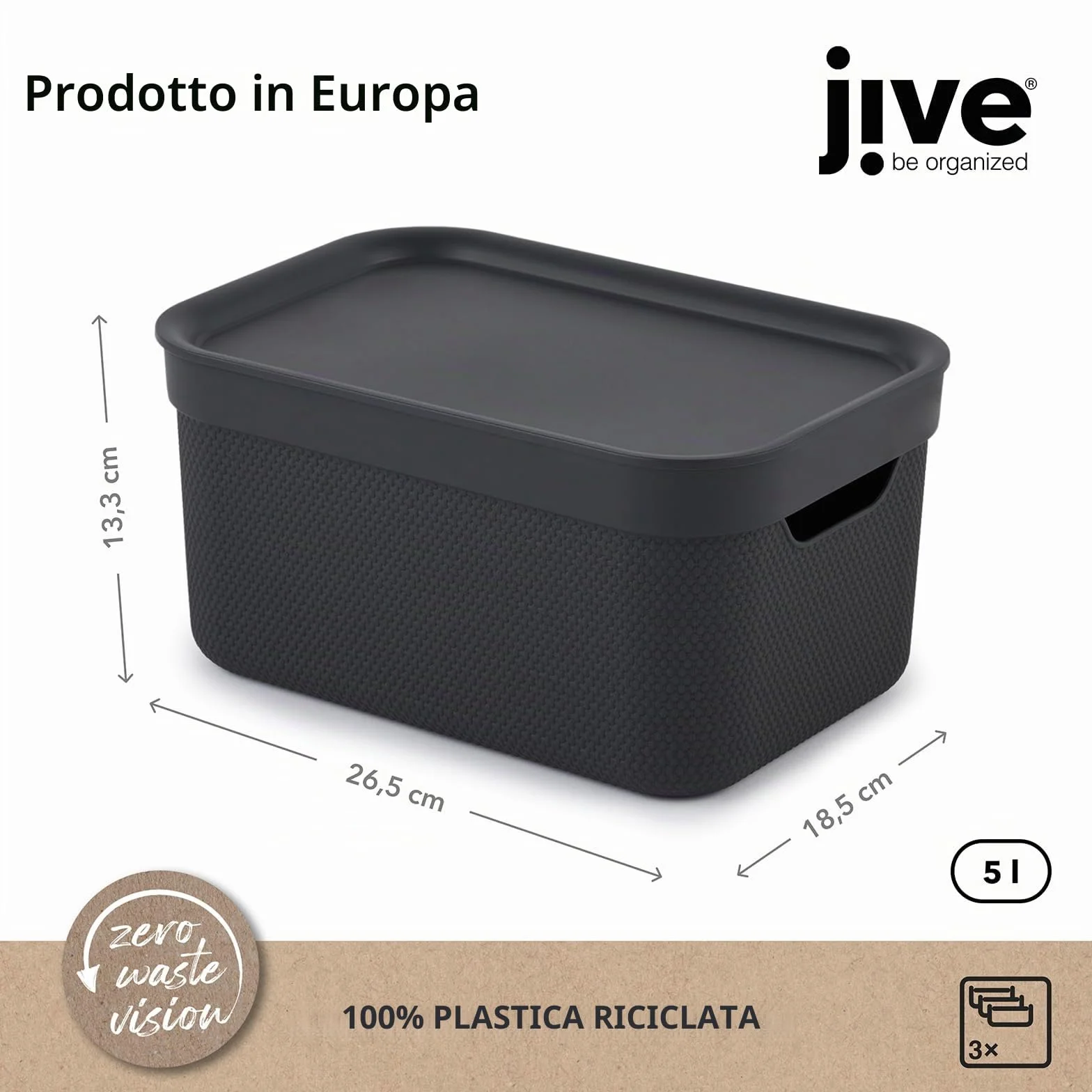 Jive Dekobox Set 3 Scatole Decorative Portaoggetti 5 l Plastica PP Riciclato Nero 26.5 x 18.5 x 13.5 cm