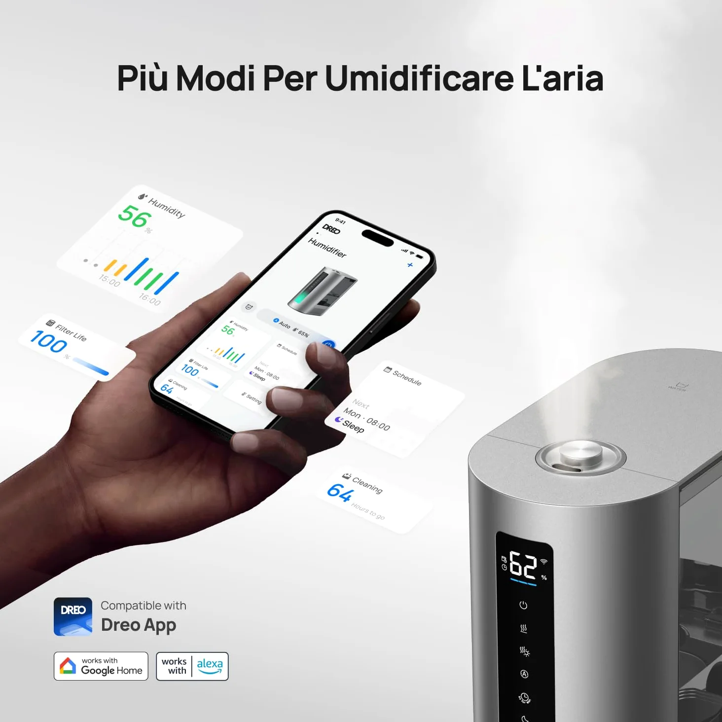 Dreo 6L umidificatore per camera da letto, intelligente per grandi ambienti, bruma calda/fredda, per piante e bambini, riempimento superiore, 60 ore autonomia, silenzioso, timer, Google/Alexa, HM713S
