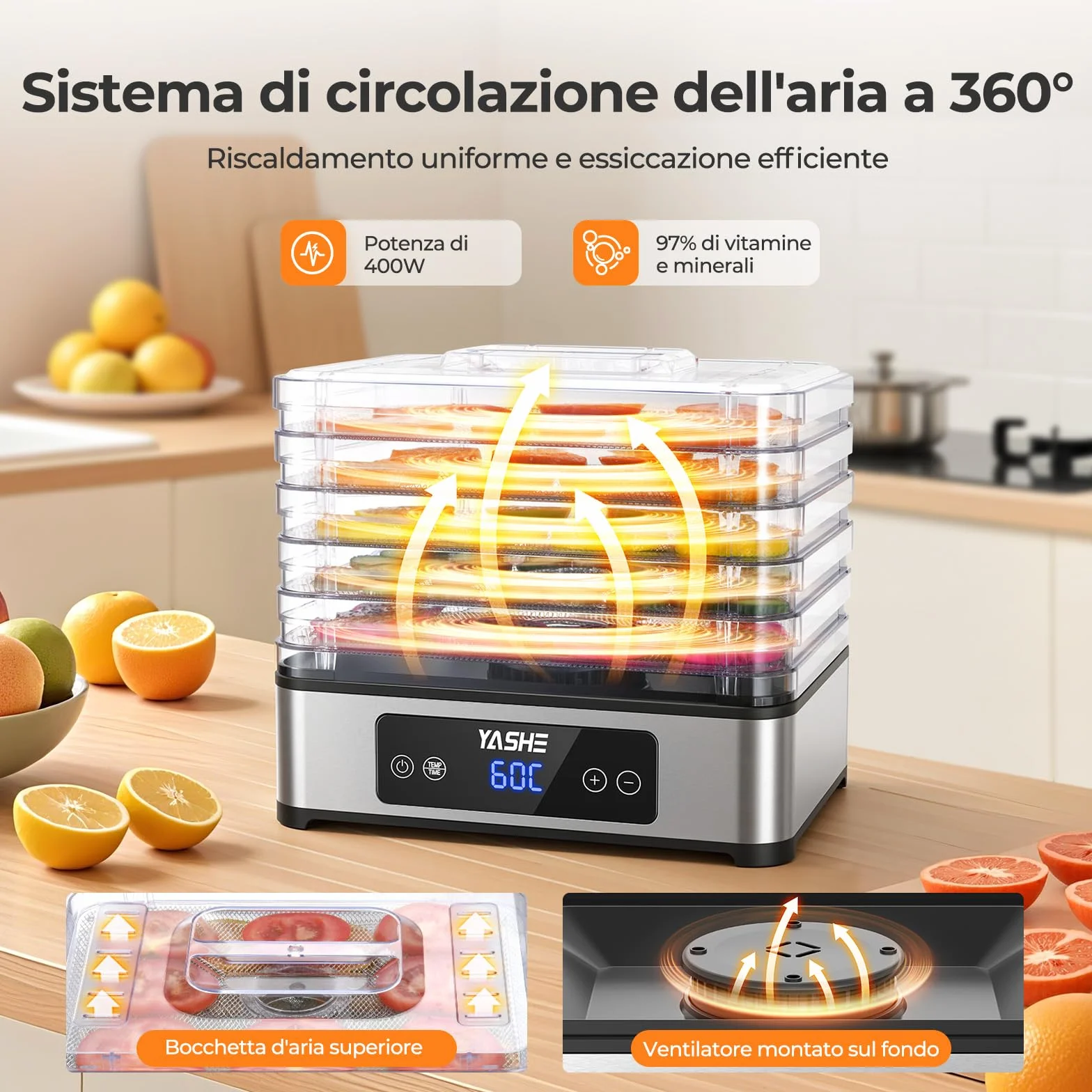 YASHE Essiccatore Alimentare, 5 Vassoi in Acciaio Inox, Timer e Temperatura Regolabili, Flusso d’Aria a 360°, Senza BPA, 400W Essiccatore Frutta e Verdura, Carne, Erbe, Snack per Cani