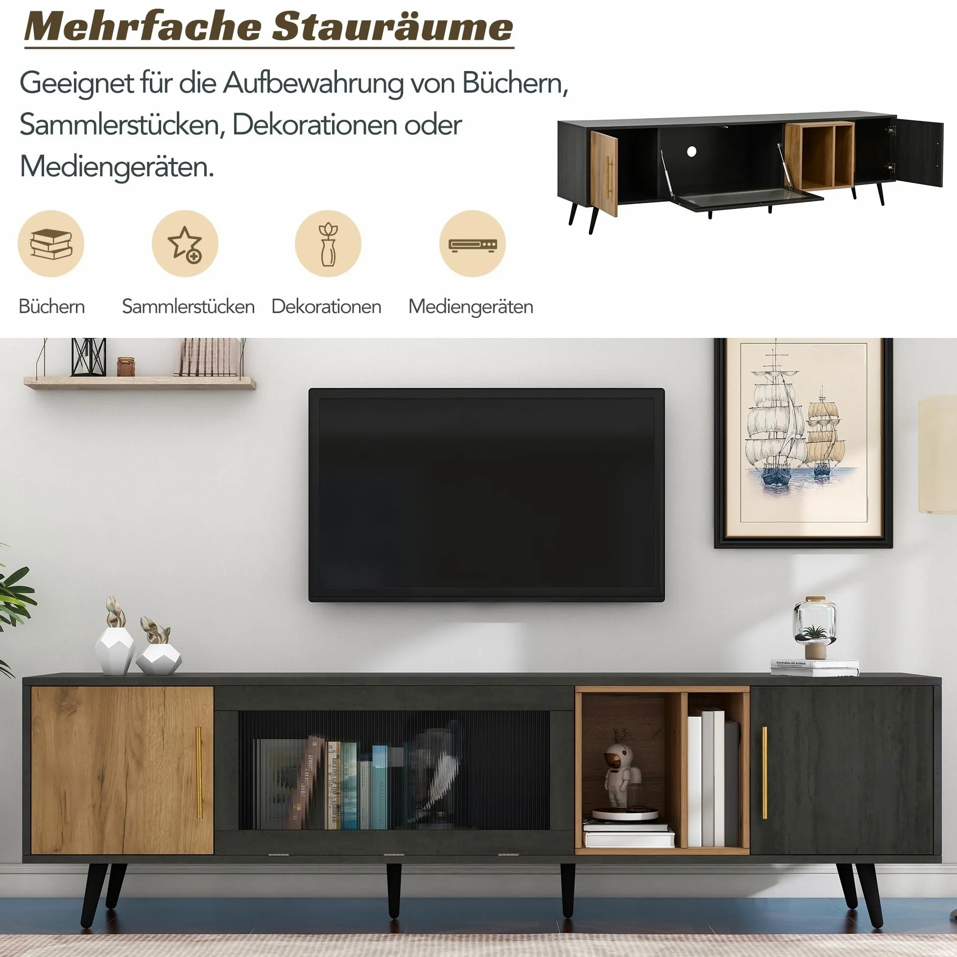 Rtopsu Mobile TV, Tavolo TV Basso per TV Fino a 90 Pollici, Scaffale TV con 3 Ante e 4 Vani Portaoggetti Mobile per Soggiorno Sala da Pranzo Camera da Letto, 200x40x55.5 cm, Legno, Grigio & Marrone