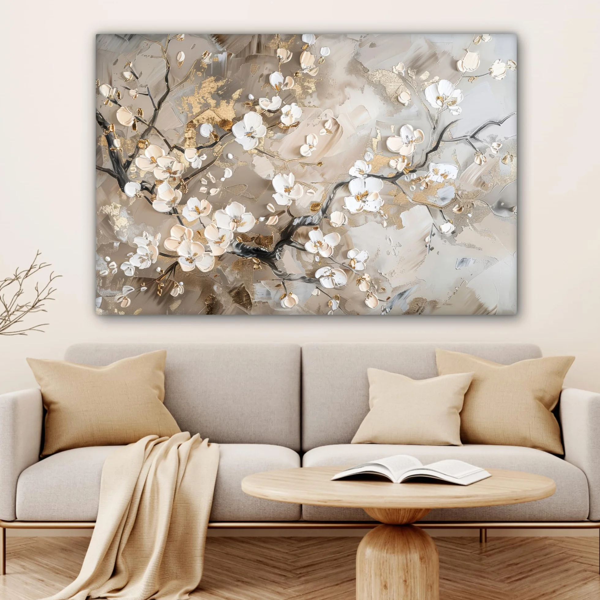 MuchoWow Stampa Foto 120x80 cm Quadro Moderno Stampe Da Parete Canvas Fiori Bianco Oro Beige