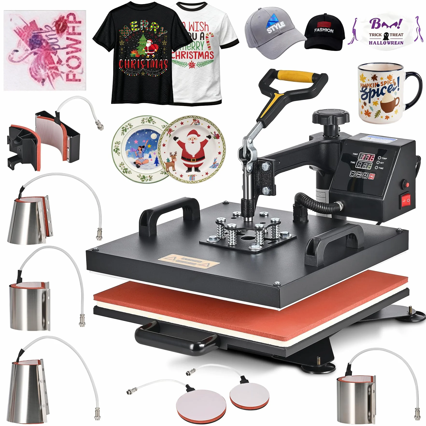 CREWORKS 8 IN1 Pressa a Caldo 38 X 38CM Pressa di Calore 1400W Termopressa Macchina per Sublimazione Digitale Rotazione a 360 Gradi Pressa a Caldo per Magliette Cappellini T-Shirt Tazze Piatti