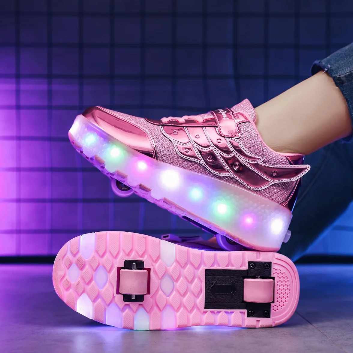Skateboard Sneakers LED USB Ricarica Luci Brillantini Rotelle Retrattile Outdoor Multisport Luminose Running Calzature Bambini Ragazze Ragazzi