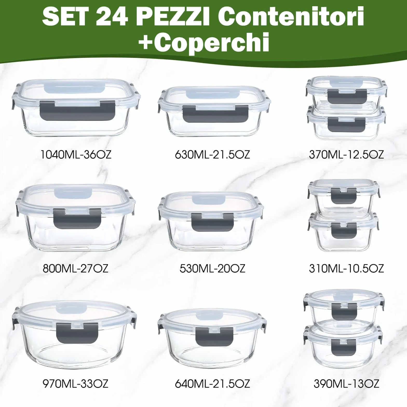 YASHE Set di 12 Contenitori Vetro per Alimenti con Coperchi Ermetici