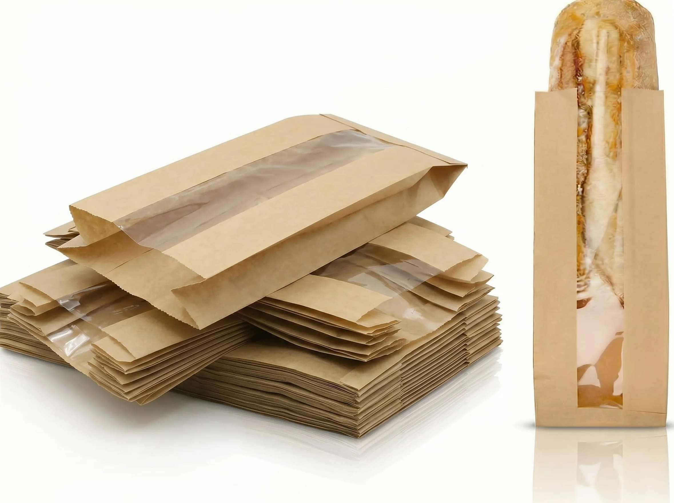 1000 sacchetti in carta kraft per panini e baguette con finestra, 10 + 4 x 29 cm, sacchetti di carta per pane, panetterie, panini e pasticceria Take Away