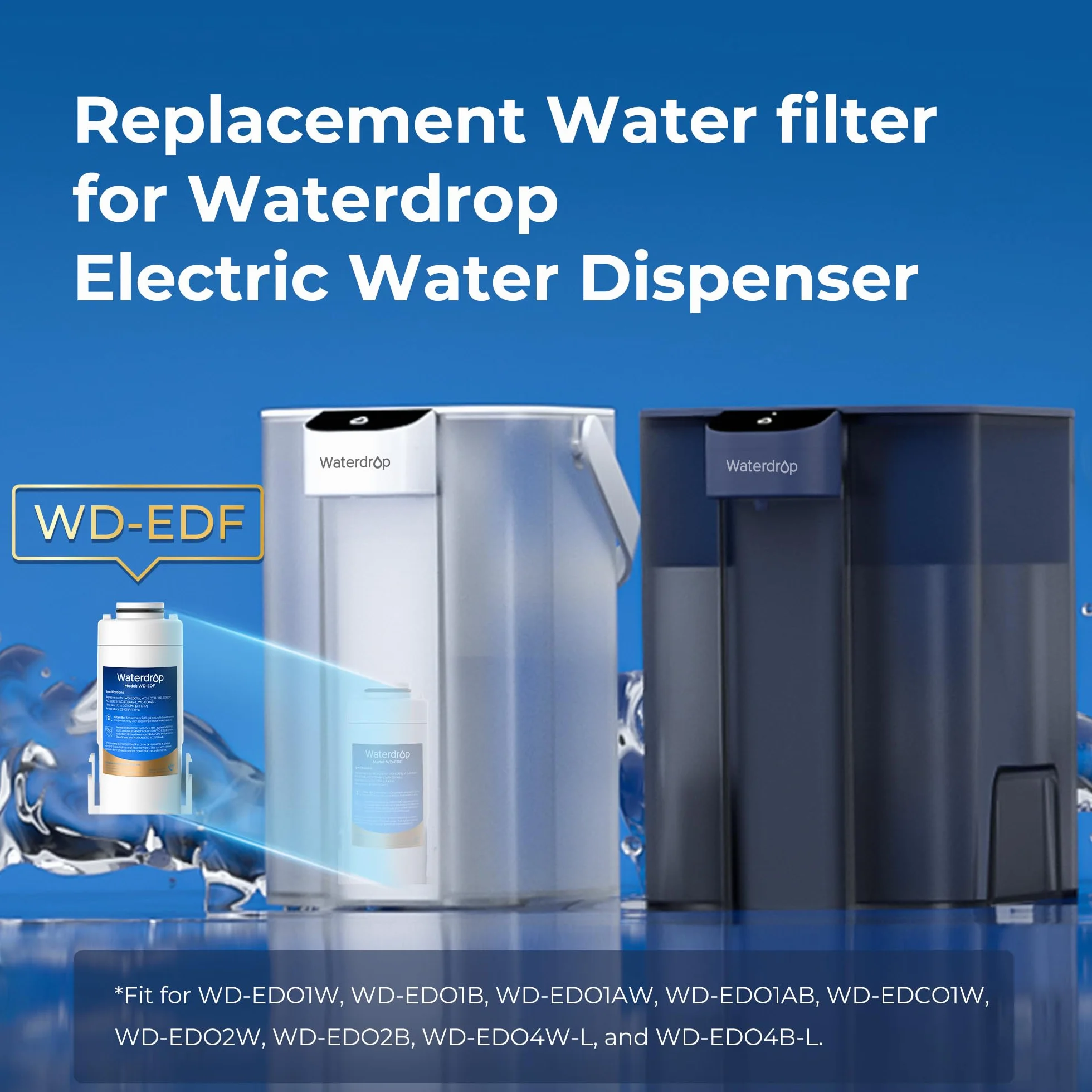 Waterdrop WD-EDF Filtri di ricambio per caraffe filtranti acqua, compatibili WD-ED01W WD-ED01B, durata 3 mesi o 757 litri, confezione da 3
