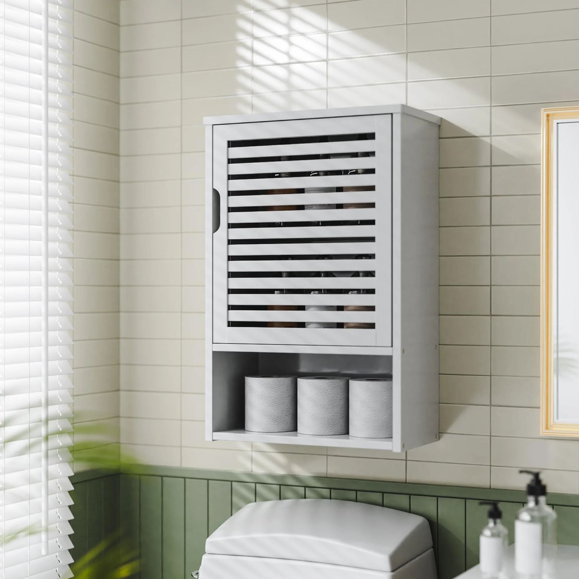 HITNET Pensile Bagno Sospeso, Armadietto Bagno da Parete, Mobiletto Medicinali da Bagno in Bambù, con Porta e Ripiano Regolabile, Bianco