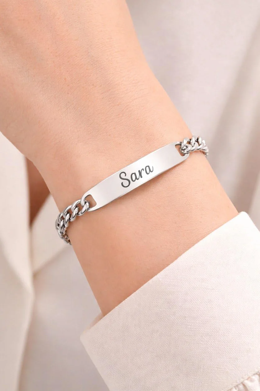 Bracciale in Acciaio Inossidabile Personalizzato con Incisione – Piastrina ID con Nome – Regalo per Uomo e Donna
