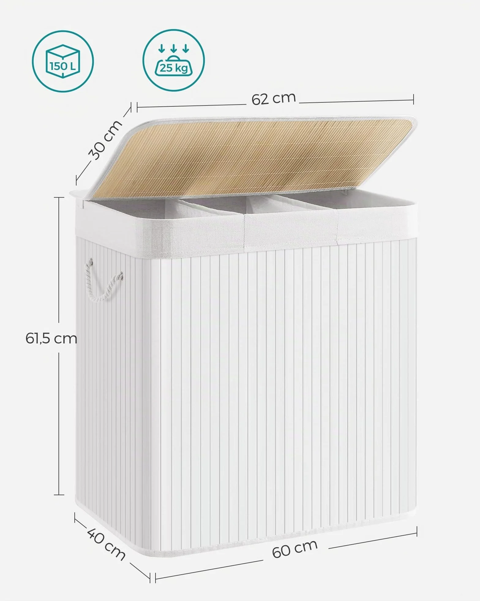 SONGMICS Cesto Portabiancheria, 150 L, Cesta Biancheria a 3 Scomparti in Bambù Coperchio, Maniglie, Pieghevole, Sacco Rimovibile e Lavabile in Lavatrice, Lavanderia, Casa, Bagno, Bianco LCB091W01