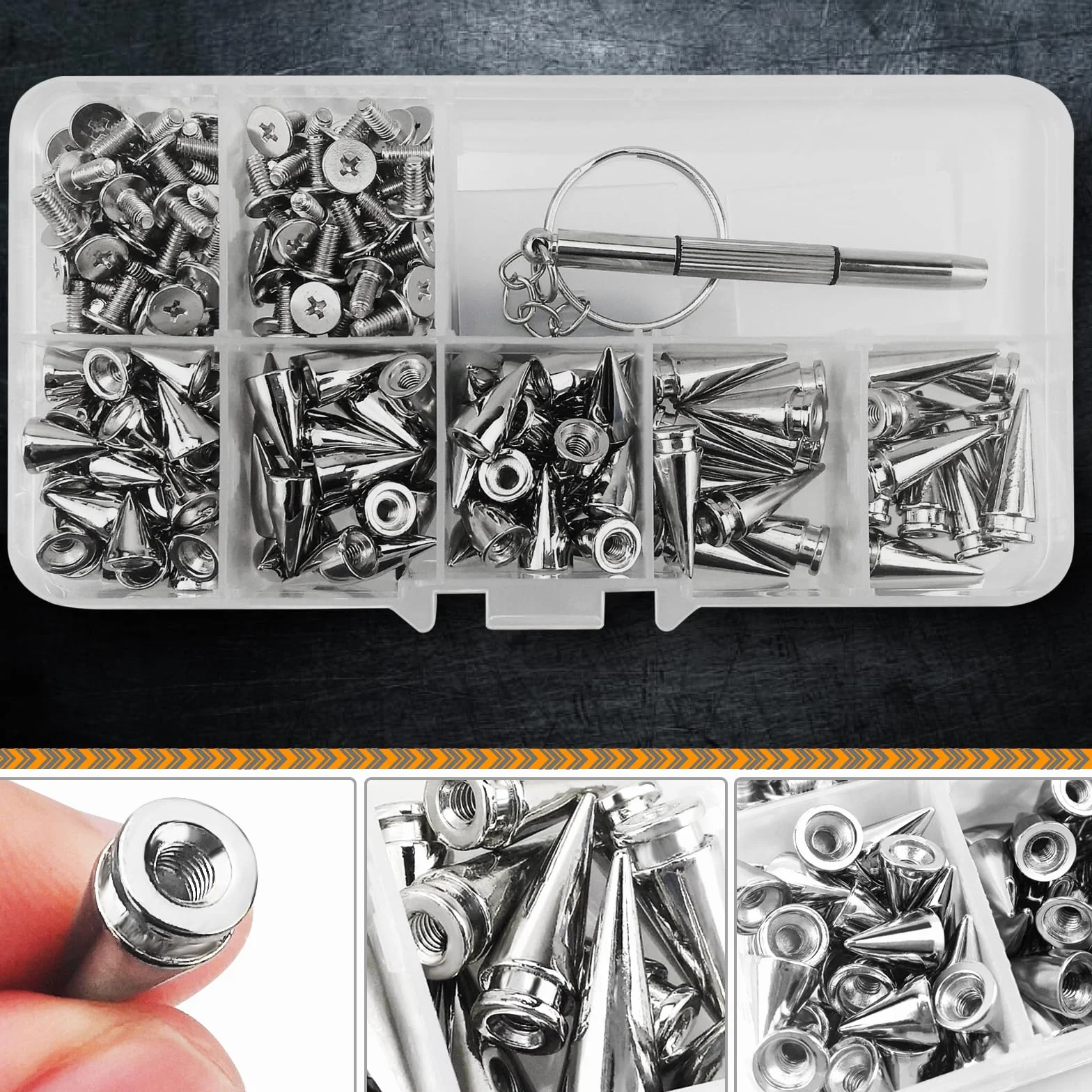 100 pz Spikes Studs 7mm Metallo Cone Spikes Rivet, Punk Rock Vite Back Studs per DIY Borse Abbigliamento, con cacciavite (argento, 3 dimensioni)