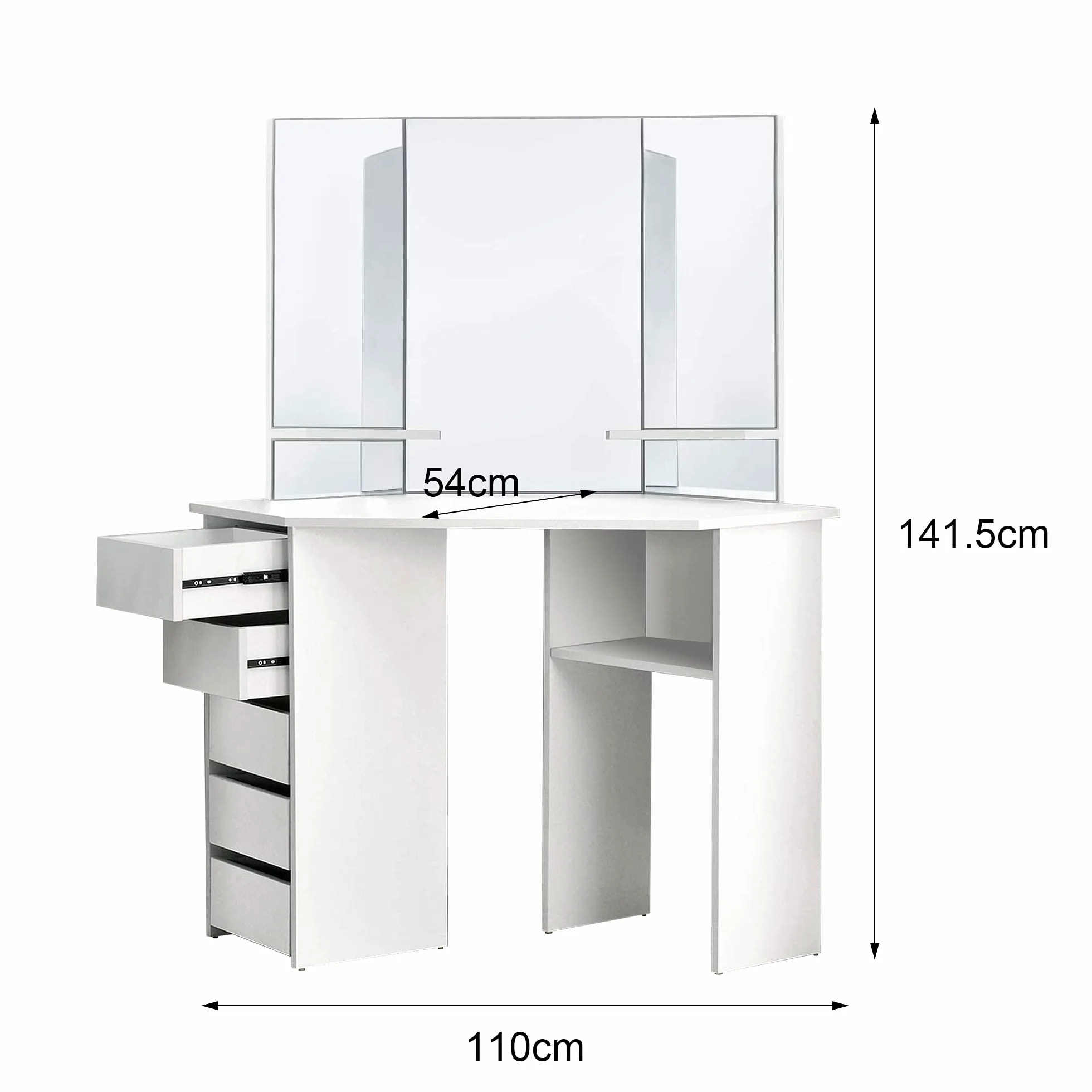 ML-Design Tavolo Cosmetico ad Angolo Bianco da Trucco con 3 Specchi 5 Cassetti e 3 Scomparti 110 x 141,5 x 54 cm Tavolino da Toelette per Donne e Ragazze Spogliatoio in Legno MDF