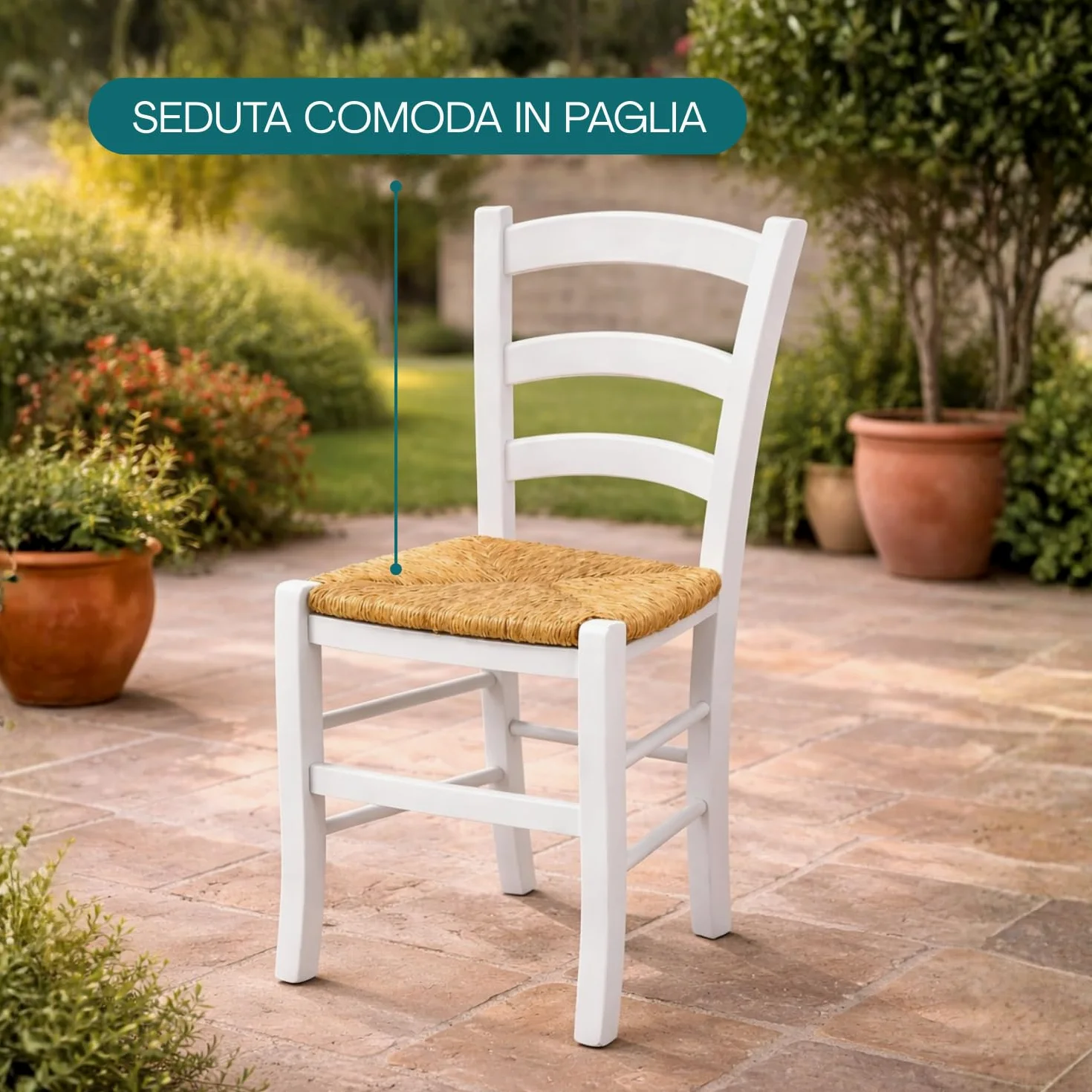 VIRSUS Set 4 Sedie Paesana in Legno con Seduta in Paglia, Misura 43x42x86 cm, Sedia Tradizionale Robusta, per Casa, Cucina, Agriturismo, Ristorante, Made in Italy (Bianco)