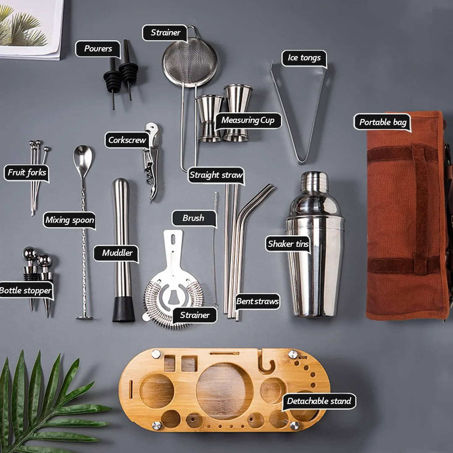 DUEBEL Kit da Barman | Set Professionale di 24 Pezzi per Mixology | con Borsa da Viaggio per Barman e Elegante Supporto in Bambù | Perfetto per Un'esperienza di Miscelazione di Bevande Eccezionale.
