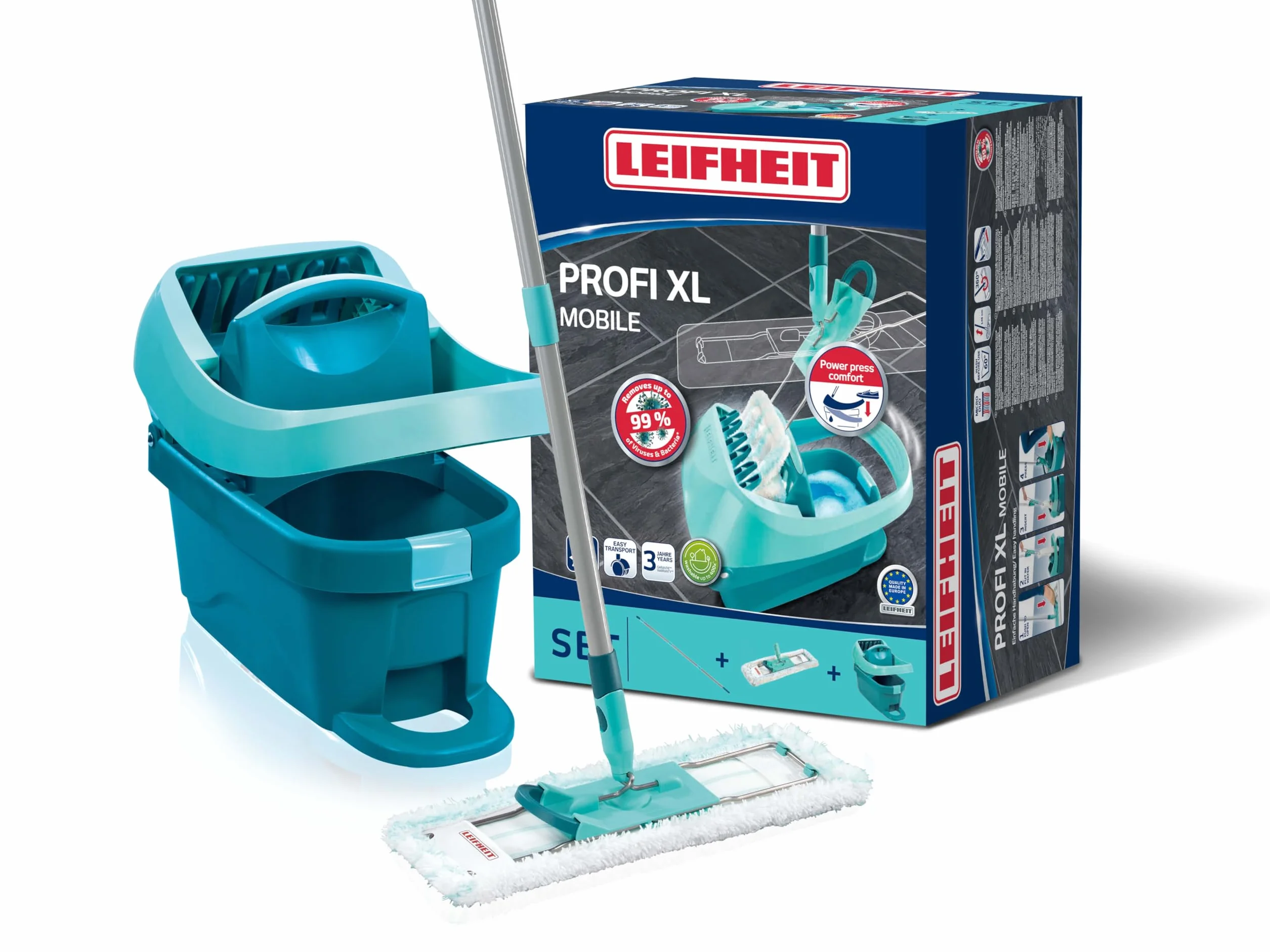 Leifheit Pressa Profi XL Set lavapavimenti, Mop lavapavimenti con strizzatore incorporato, Mop set con rotazione scopa a 360° e secchio con rotelle