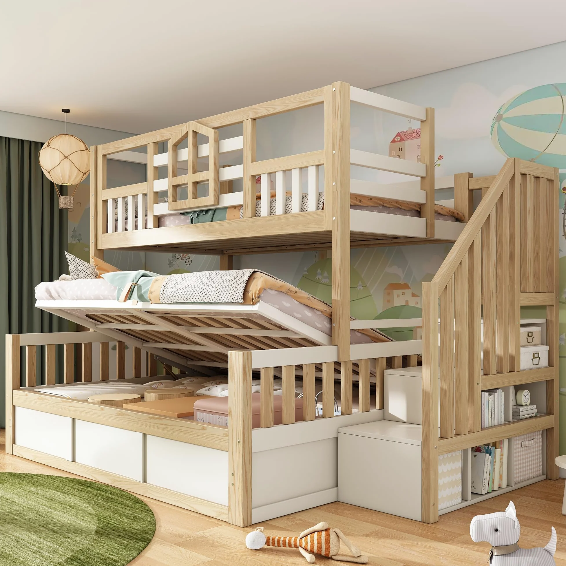 Letto a castello con cassettoni 90x200 cm & 140x200 cm, letto per bambini in stile baita con spazio di archiviazione, scala, protezione rialzata, in pino (J, 90x200cm&140x200cm)