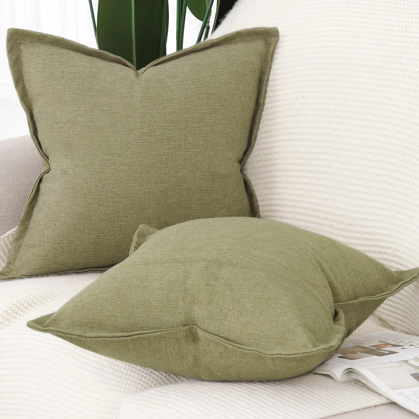 Madizz 2 Pezzi Poliestere Lino Copricuscini con bordo largo Morbido Decorativo Fodere per Cuscino Lusso Stile per Divano Camera da Letto 45x45 cm Verde muschio