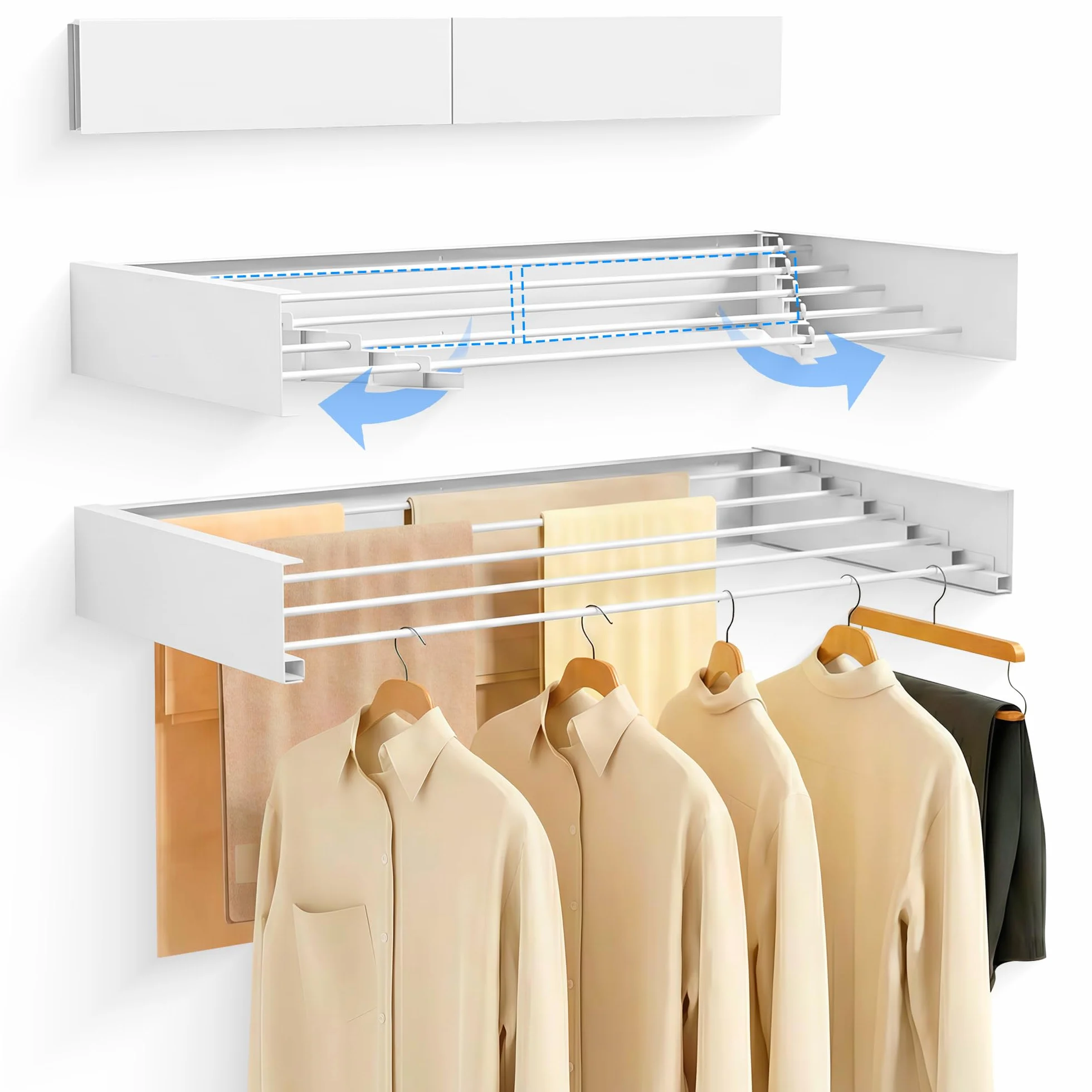 JUPPLIES Stendibiancheria da Parete Pieghevole Retrattile 120 – Stendino a Muro Richiudibile 5 Barre Alluminio Antiruggine 30 kg Bianco