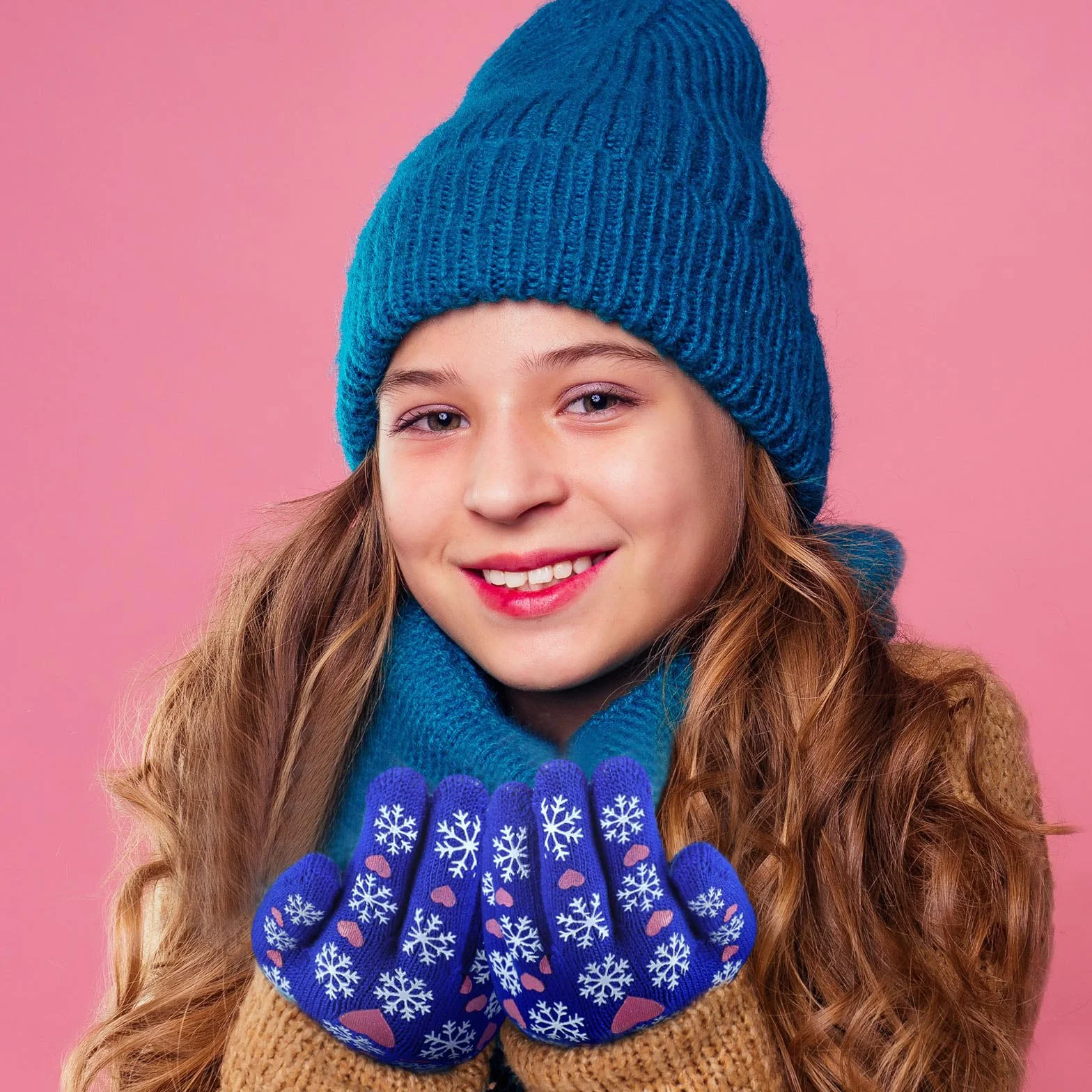 Geyoga 3 Paia Guanti Invernali in Maglia per Bambini 5-10 Anni Azzurro Cielo Nero Rosso