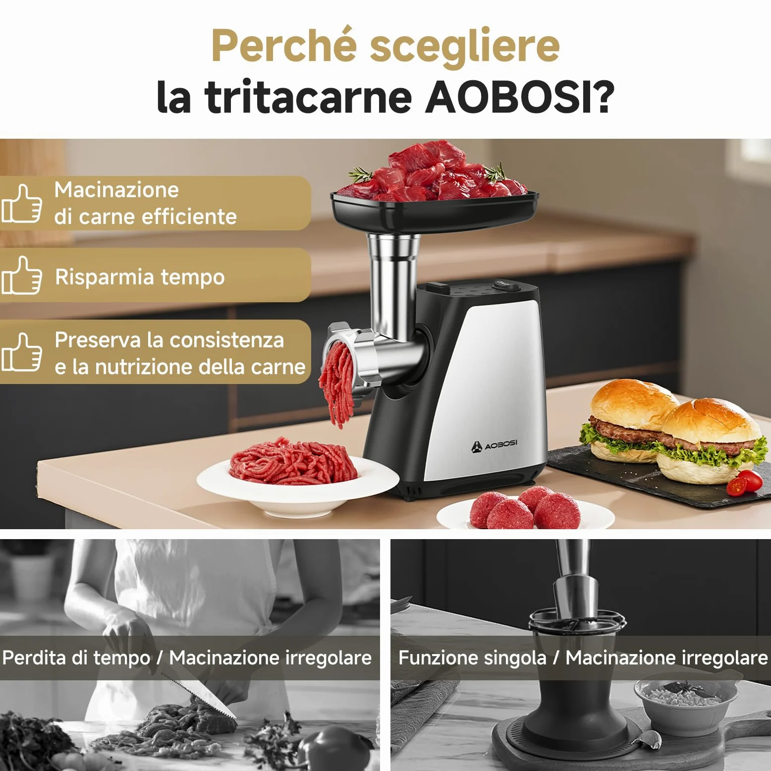 Tritacarne AAOBOSI, Tritacarne Elettrico 3-IN-1[2800W Max]con 2 Lame, 3 Piatti, Insaccatrice per Salsicce, Kit Kubbe, per Uso Domestico in Cucina, Acciaio Inossidabile