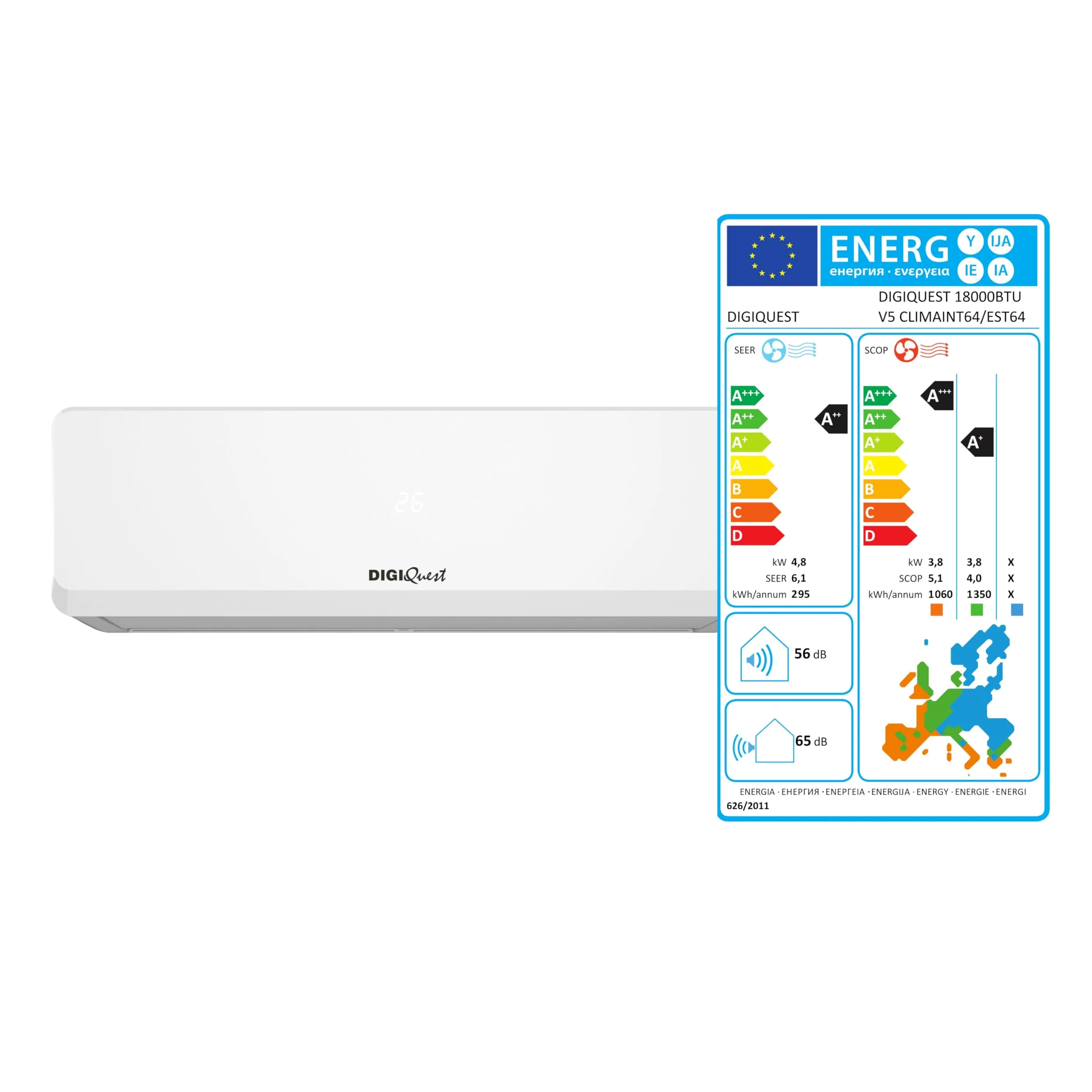Climatizzatore Digiquest Inverter V5 18000BTU | Wi-Fi integrato | R32 | Classe A++ Raffreddamento/A+++ Riscaldamento | I FEEL | Flusso d’aria 3D | TURBO | Notte | SEER 6,1 | SCOP 5,1 | CLIMA00064