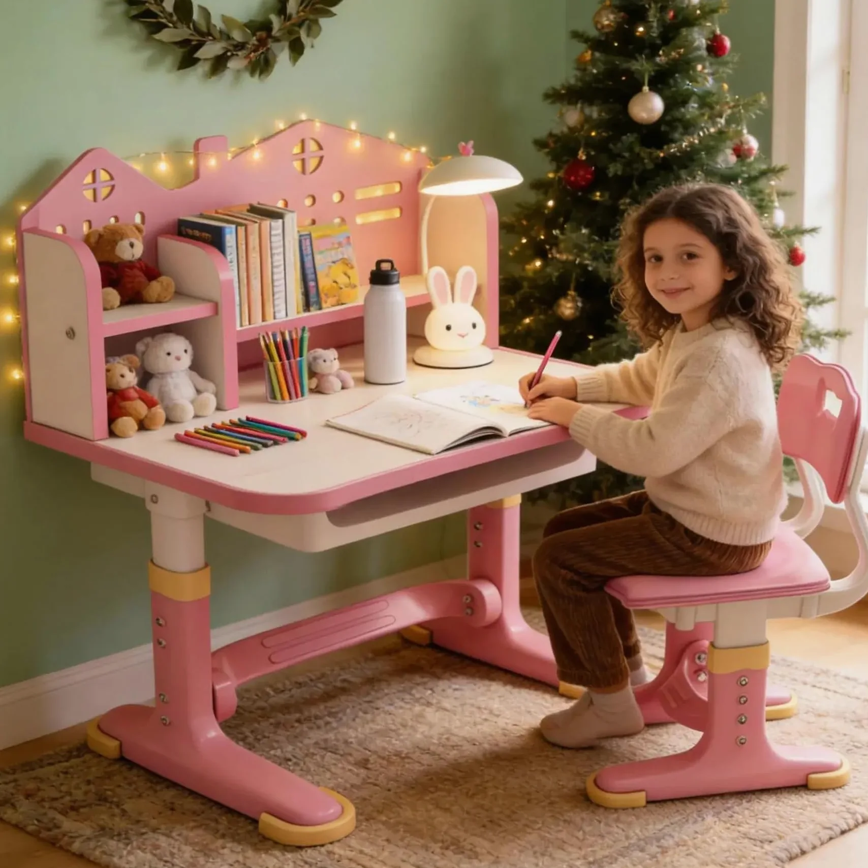 Scrivania Bambini Regolabile in Altezza con Sedia Abbinata, Set Studio per Bambini con Cassetto Integrato, Tavolo Ergonomico per Cameretta, Compiti e Studio Quotidiano