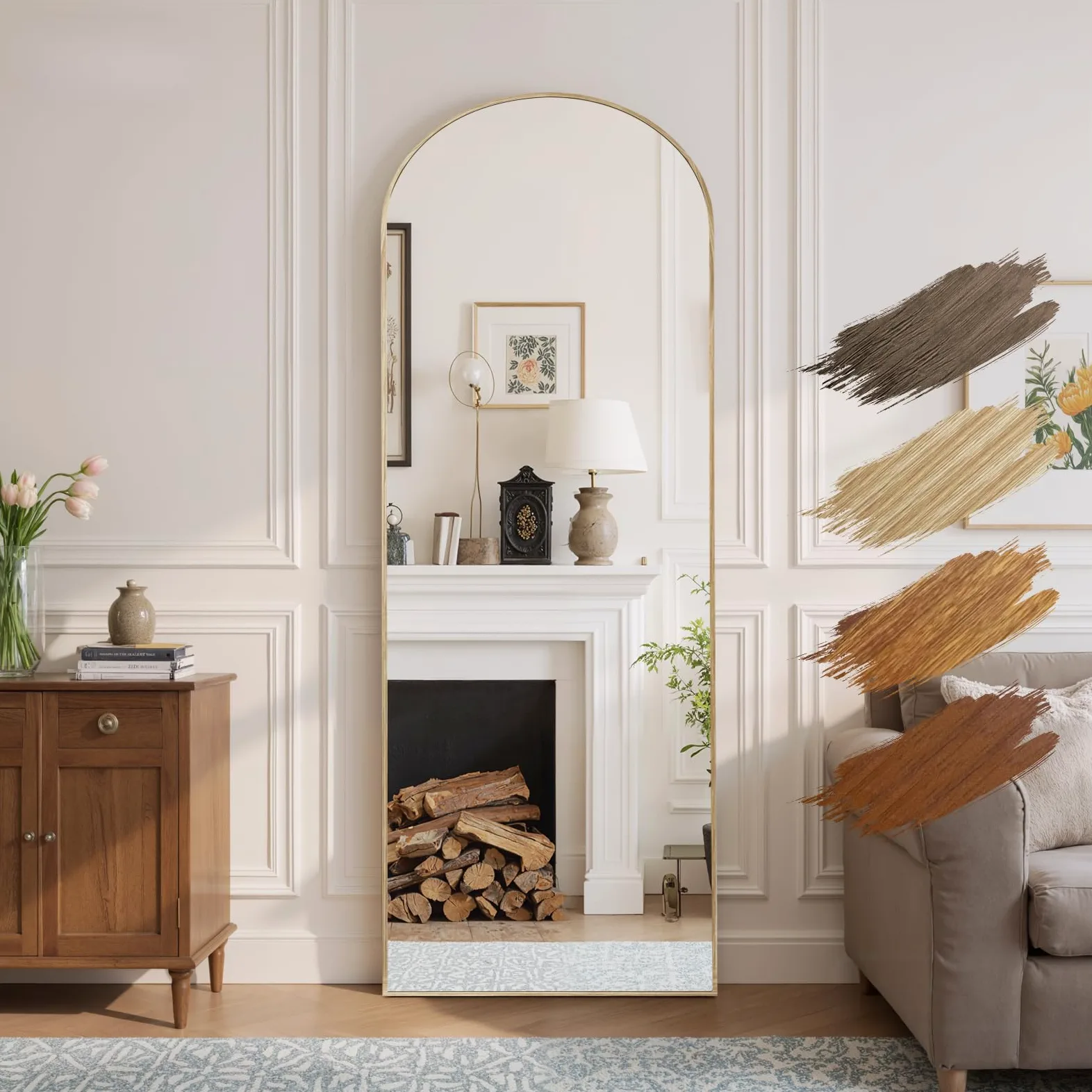 Reflix Specchio per tutto il corpo con arco, 161 x 52 cm, cornice in alluminio con finitura in teak, da appoggio, da appendere o da montare a parete, ideale per soggiorno e camera da letto