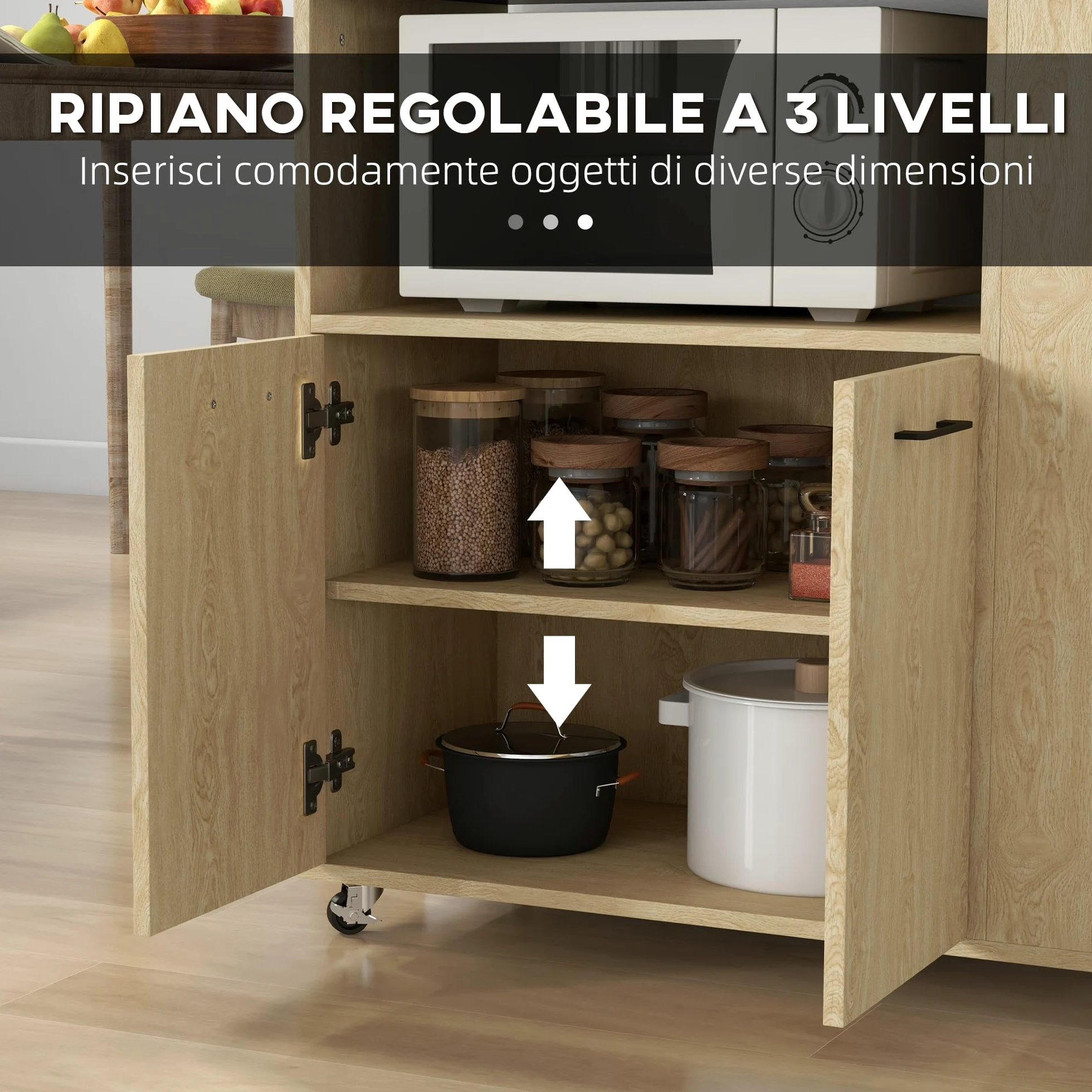 HOMCOM Carrello Cucina con Ripiano Aperto, Armadietto a 2 Ante e Scaffale Laterale a 2 Livelli, Carrello Multiuso con Ripiano Regolabile in Legno, 75x40x80.5 cm, Color Rovere e Nero