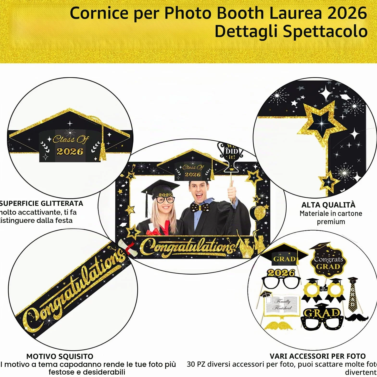 30 pz Foto Props Laurea Gadget, Cornice per Selfie in Carta, Alta Aualità Photo Booth Accessori, per 2026 Laurea Decorazioni Festa