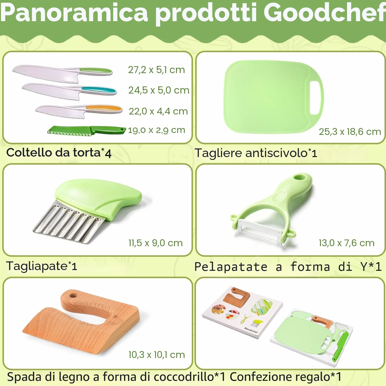 Set di 8 coltelli da cucina per bambini, per tagliare e cucinare, frutta o verdura, incluso coltello in legno, tagliere e pelapatate, coccodrillo