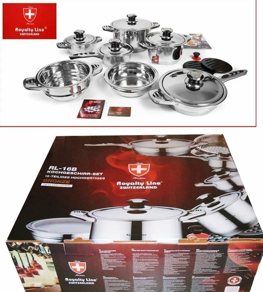 Set da cucina Batteria Pentole 16 pezzi PROFESSIONALE Royalty Line Switzerland, acciaio inox 18/10