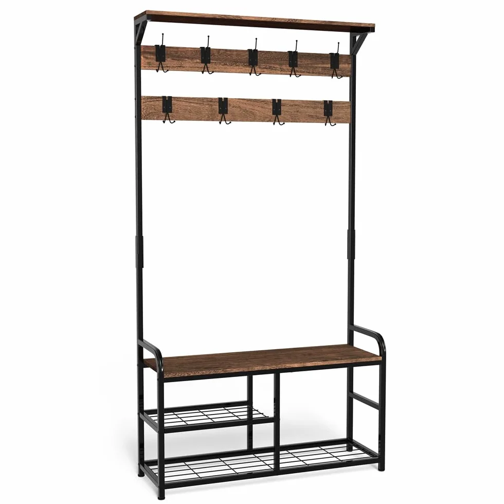 VOUNOT® Stand Appendiabiti da Terra con Panca Scarpiera a 3 Ripiani, Attaccapanni Autoportante Mobile Ingresso Corridoio 9 Ganci Rimovibili, Design Moderno Industriale 85x33x185cm