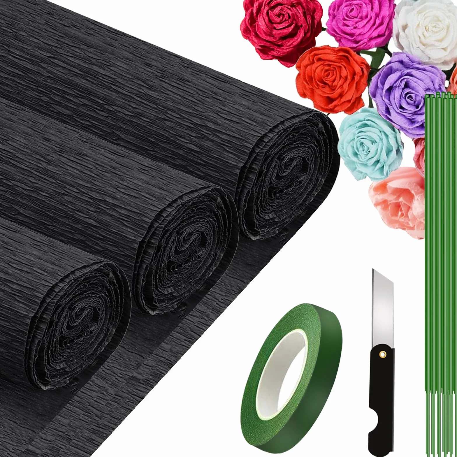 Carta Crespa Nero 3 Rotoli 25x250cm Carta Pesta con 15 Rametti Verdi Coltello Bricolage Nastro Adesivo Verde