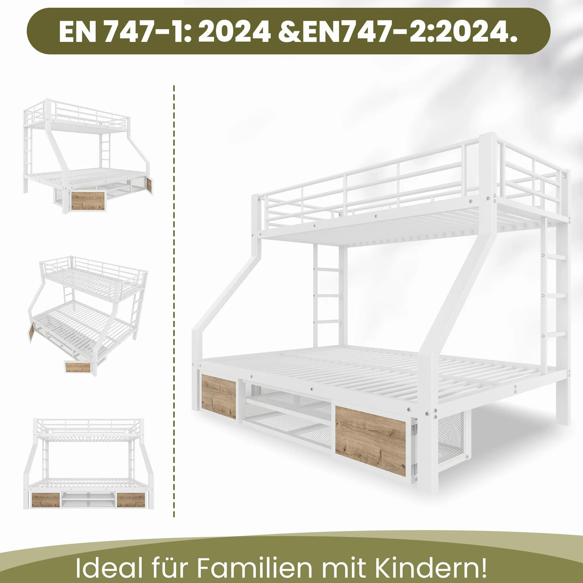 Soweiz Letto a castello 90 x 200 cm, 140 x 200 cm, culla con scarpiera, portaoggetti, ringhiere di sicurezza, scaletta, senza materasso (bianco)