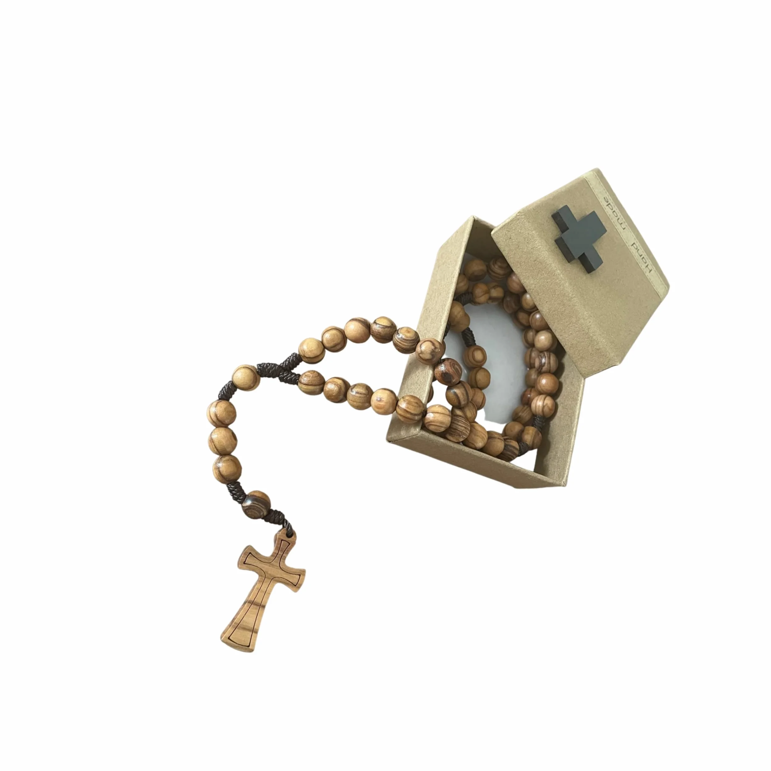 rosario in legno d'ulivo fatto a mano a Gerusalemme, rosario in scatola di carta Kraft con crocifisso, regalo battesimo, comunione, feste cristiane, nascita, compleanno, protezione auto, casa