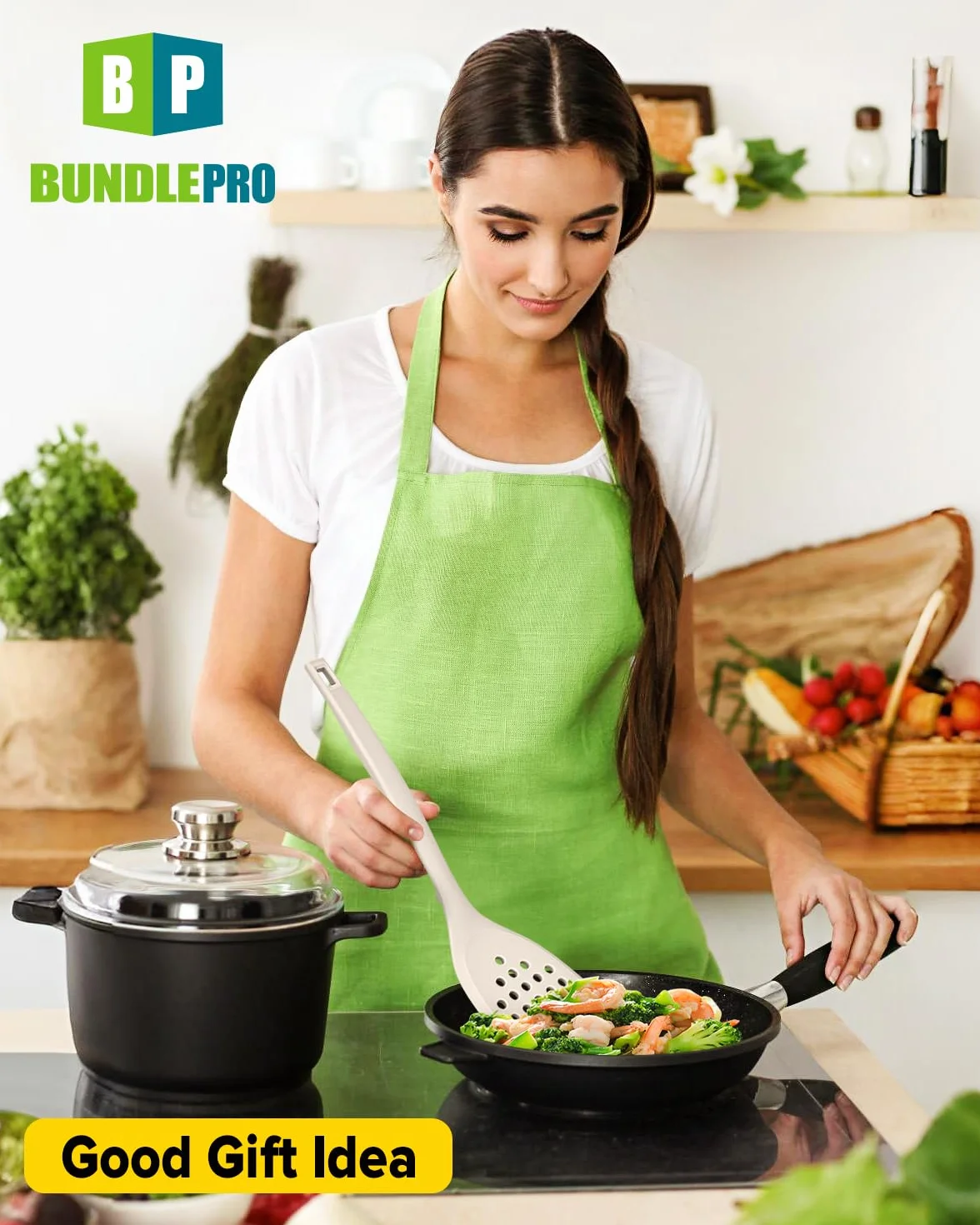 Set di 9 utensili da cucina in silicone, resistenti al calore, con ganci posteriori, senza BPA, con spatole, cucchiai, schiumarola e forchetta per pasta, per pentole antiaderenti (KHAKI)