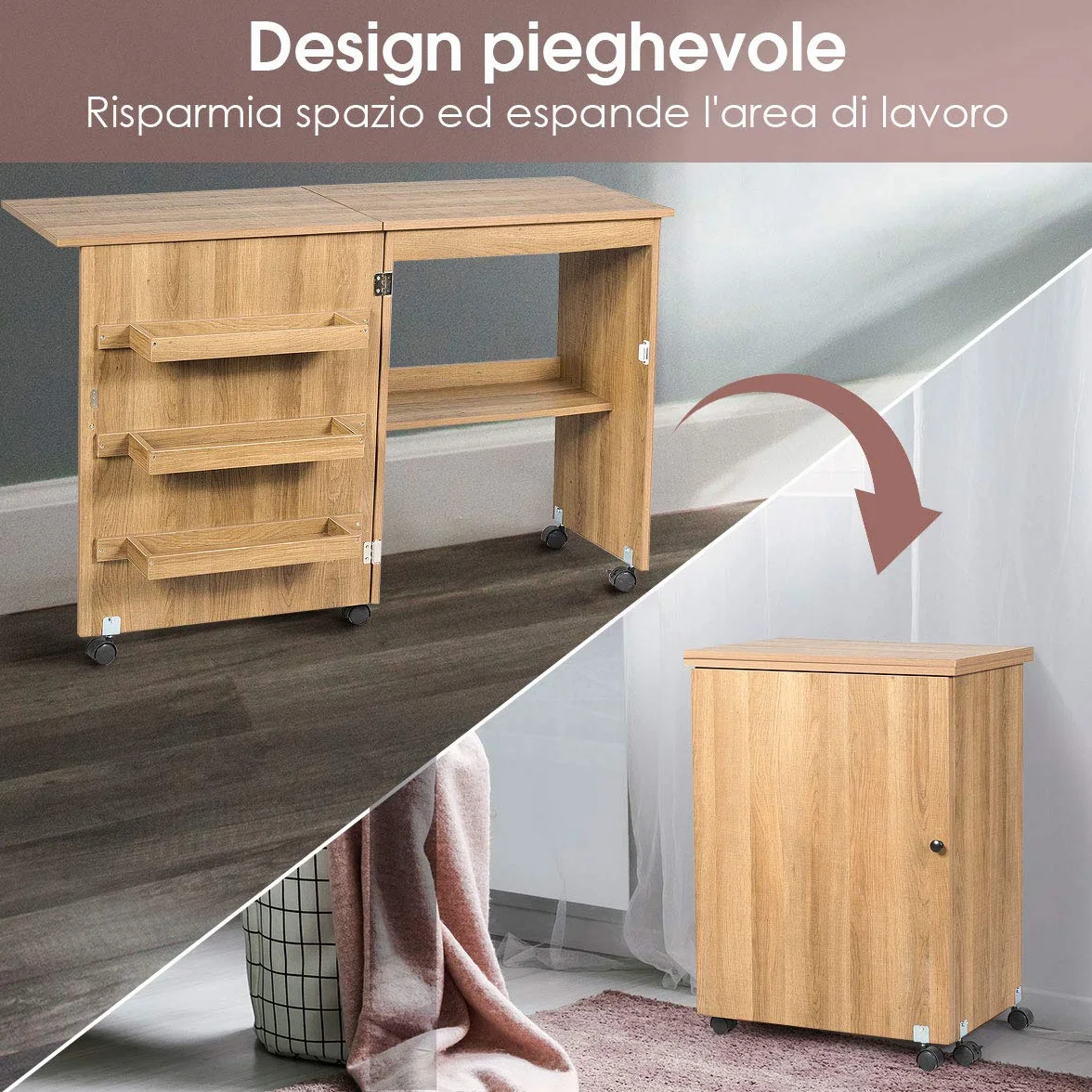 GOPLUS Mobiletto Cucito Pieghevole con Mensole e 5 Ruote Armadietto per Cucito Tavolo Allungabile per Macchina da Cucire 117x77x40 cm (Legno)