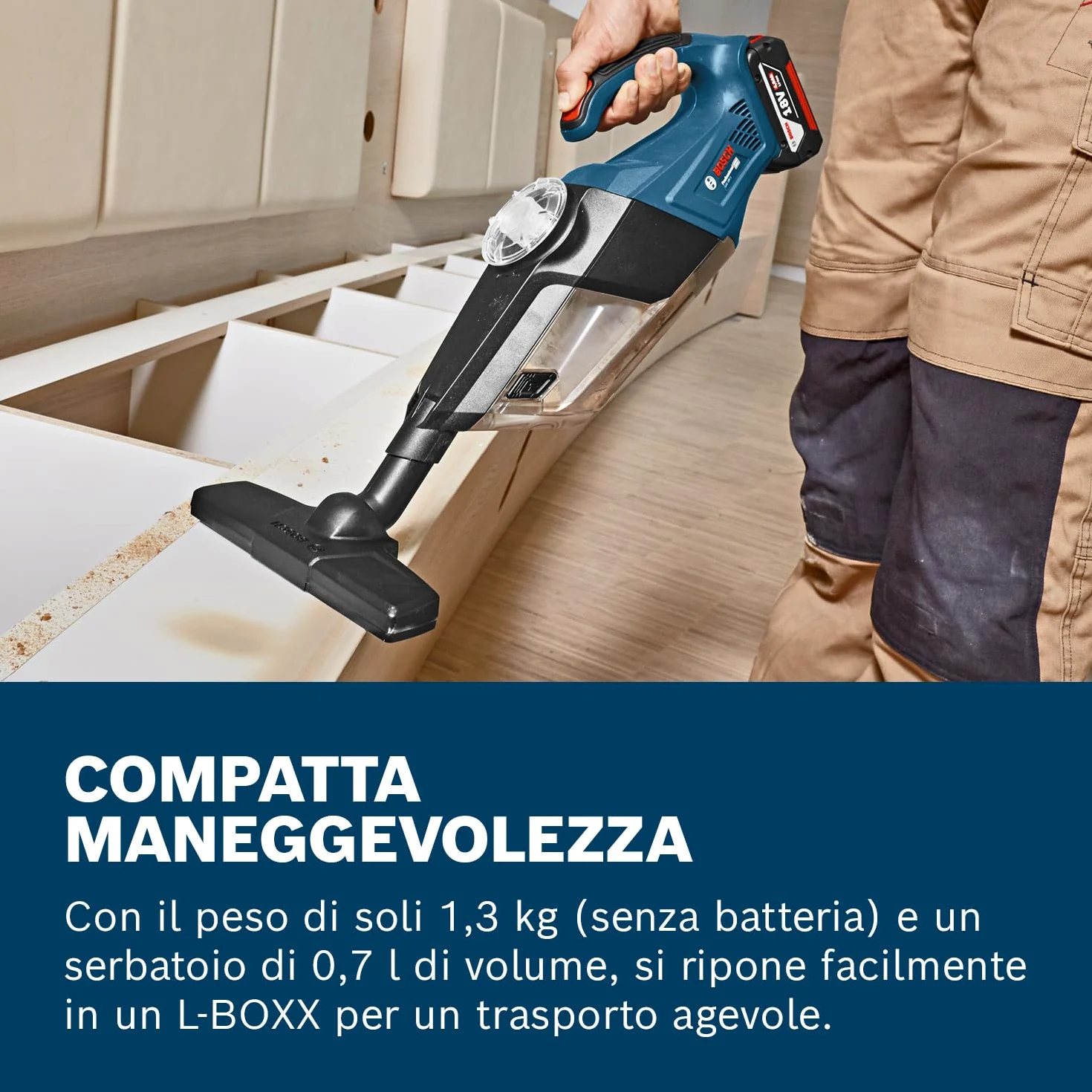 Bosch Professional 06019C6200 Aspiratore a Batteria GAS 18V-1 System, Batterie e Caricabatteria non Inclusi, Tubo di Aspirazione, Capacità di Conservazione 1 l, 18 volts, Blu
